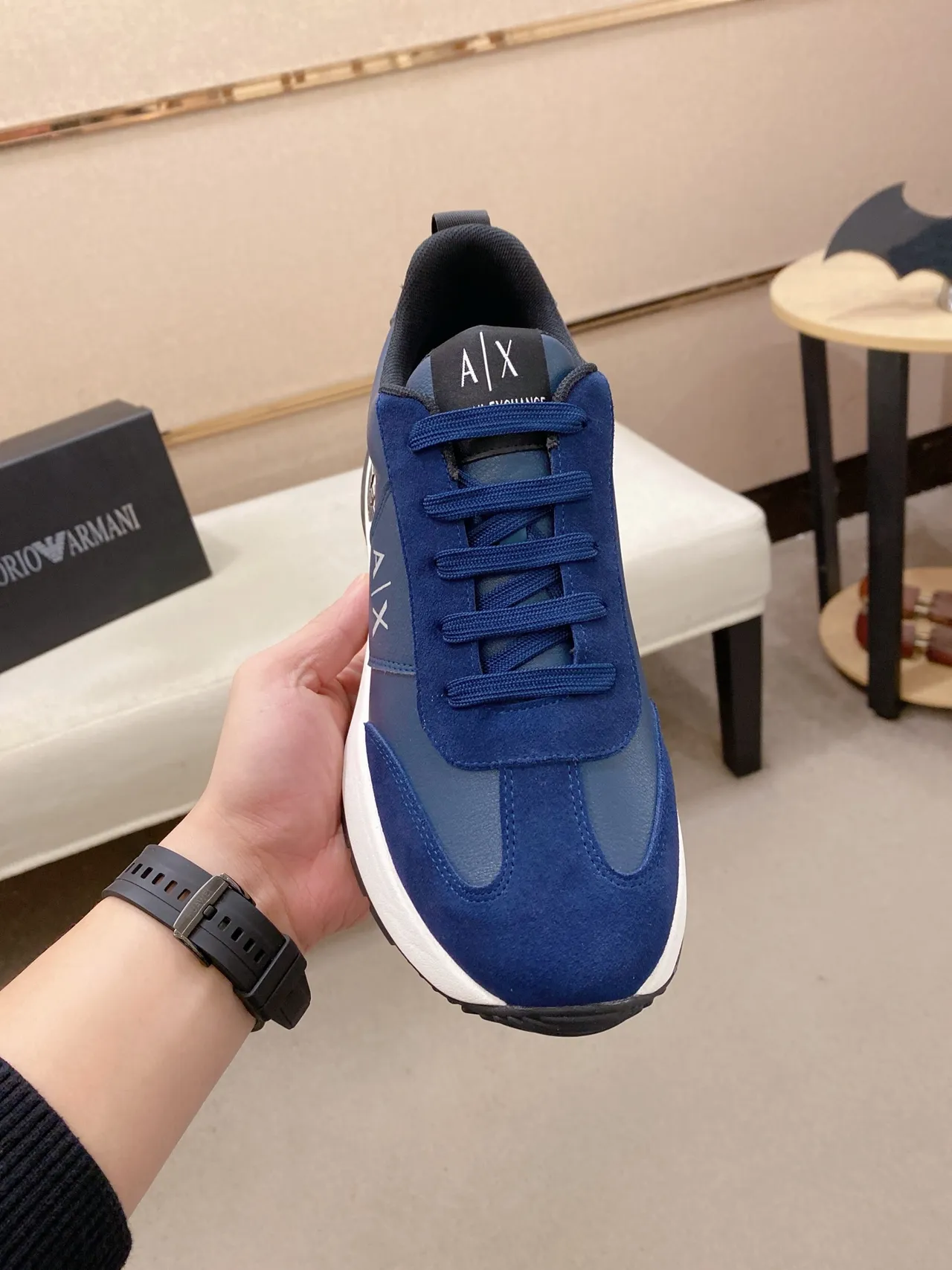 Armani Exchange Navy White Mixed-Material Upper Platform Sole Lifestyle Sneakers