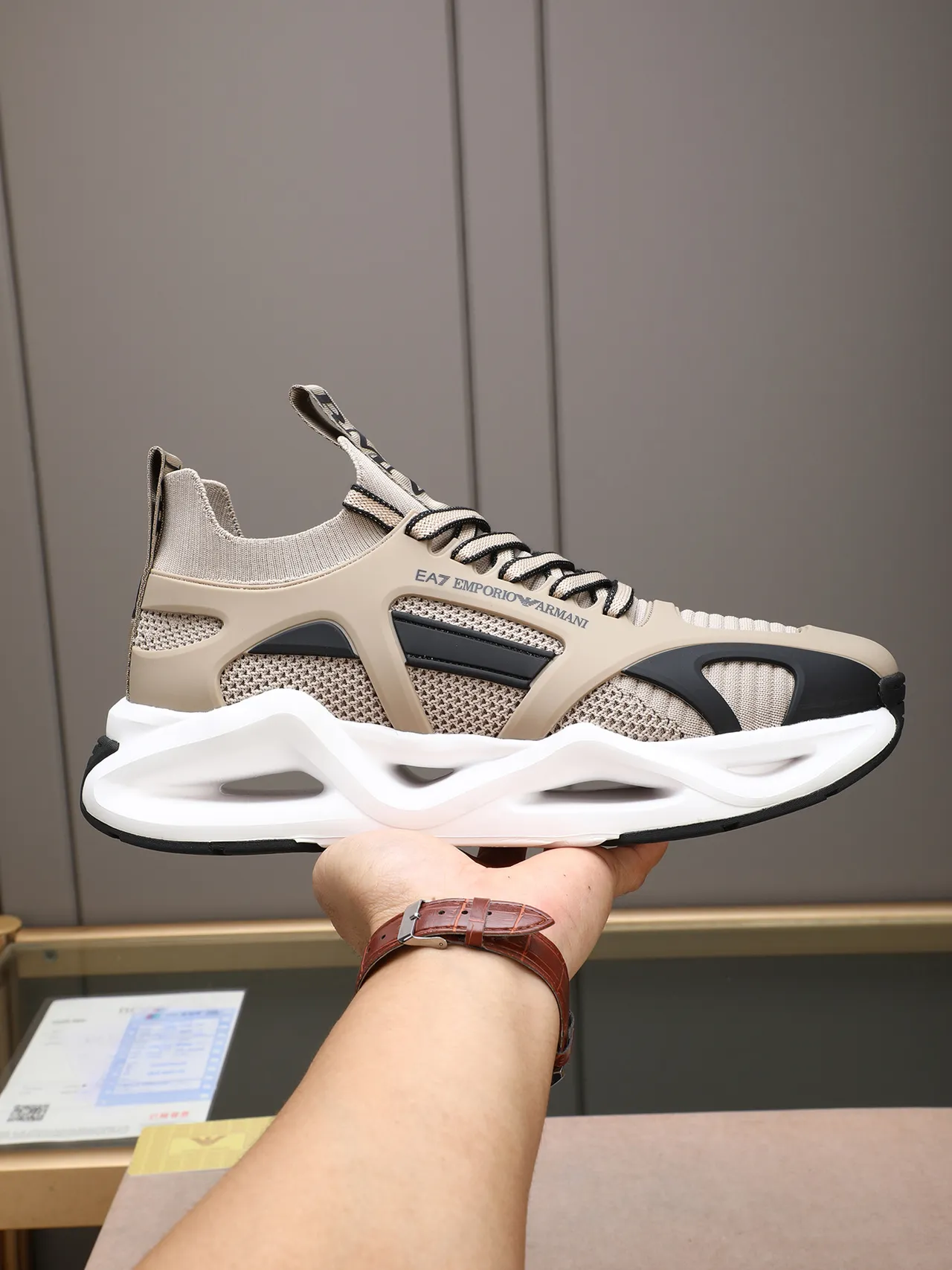 Emporio Armani EA7 Beige and Black Knit Lifestyle Sneakers