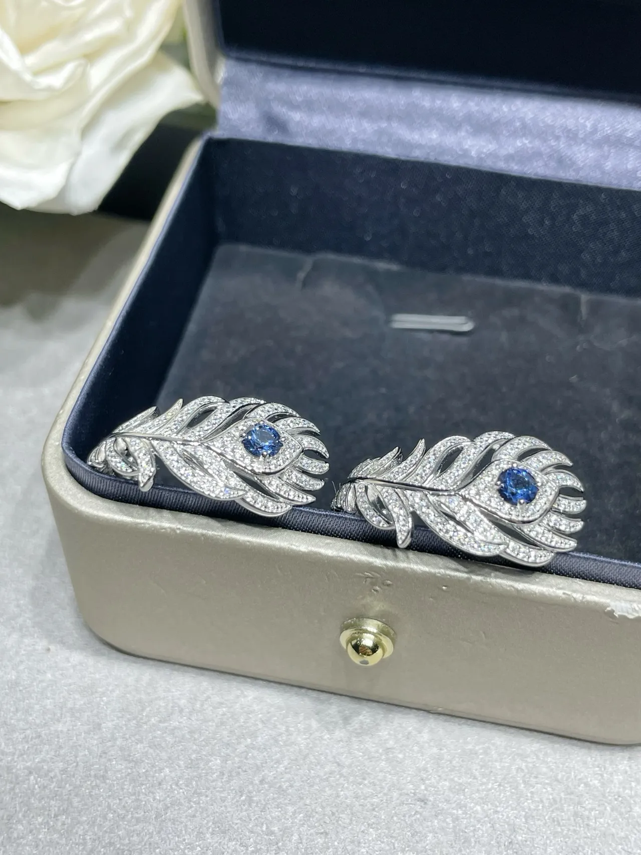 Silver Blue Feather Motif Pavé-Set Earrings