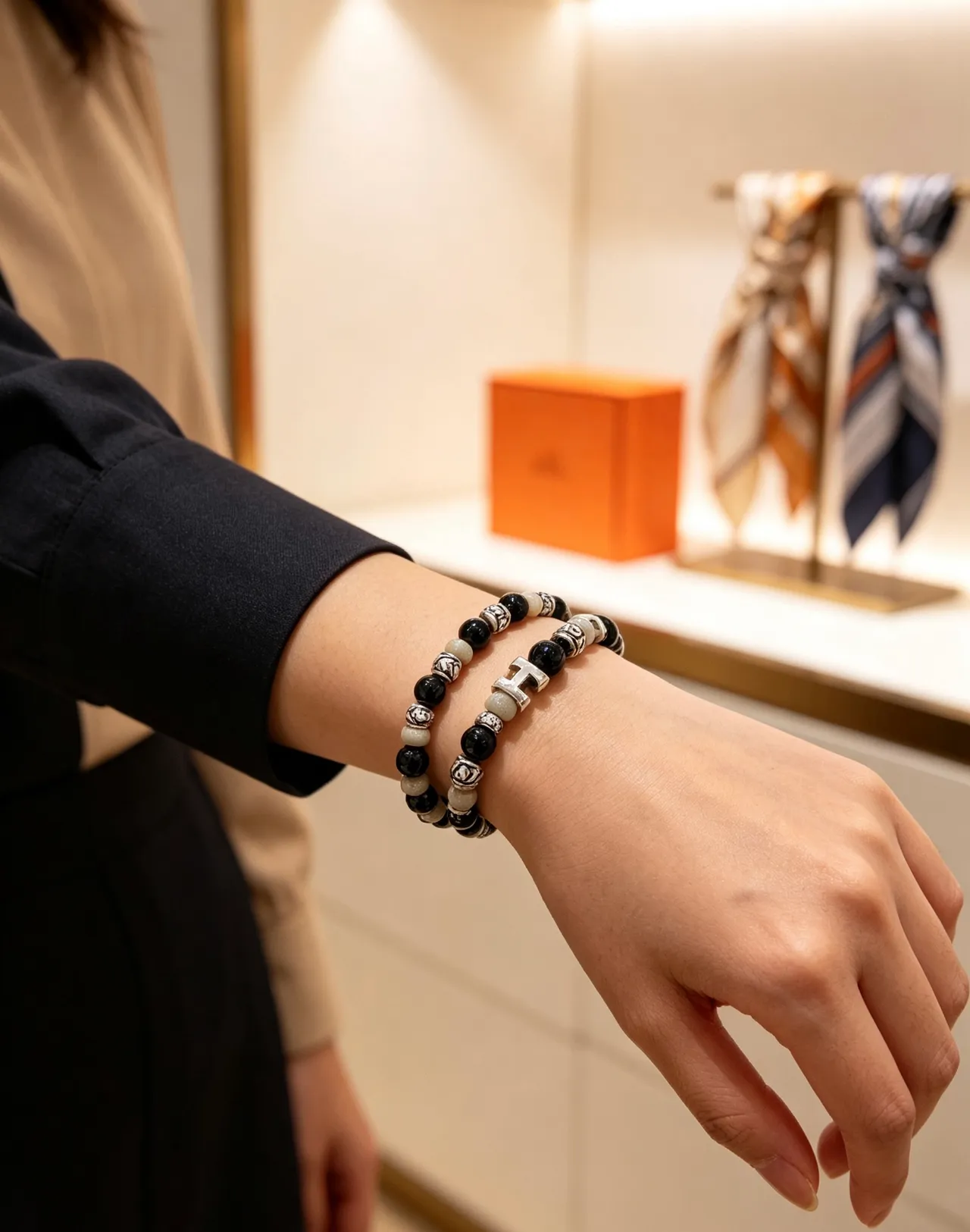 Hermès Black Silver Beaded Multi-Stone Bracelet