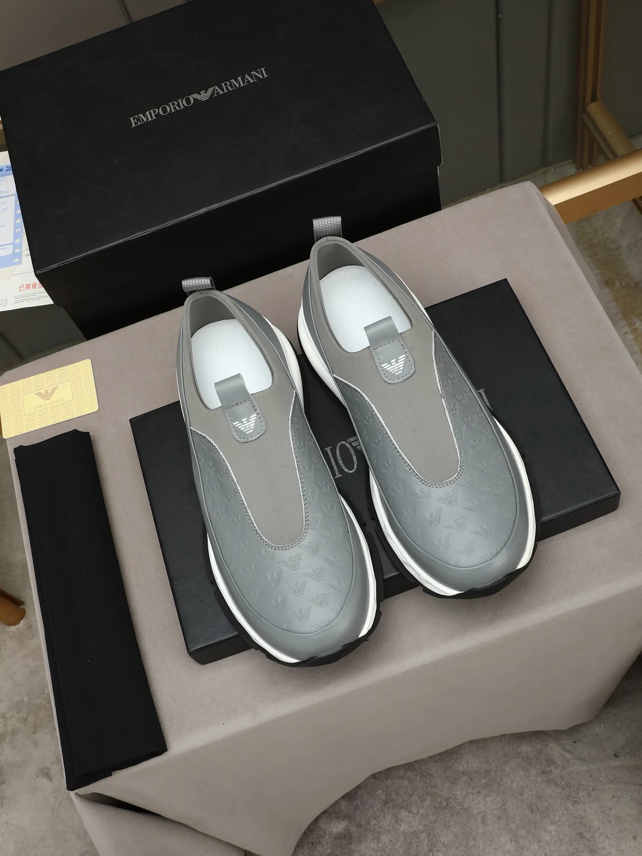 Giorgio Armani Gray White Slip-On Embossed Logo Panel Lifestyle Sneakers