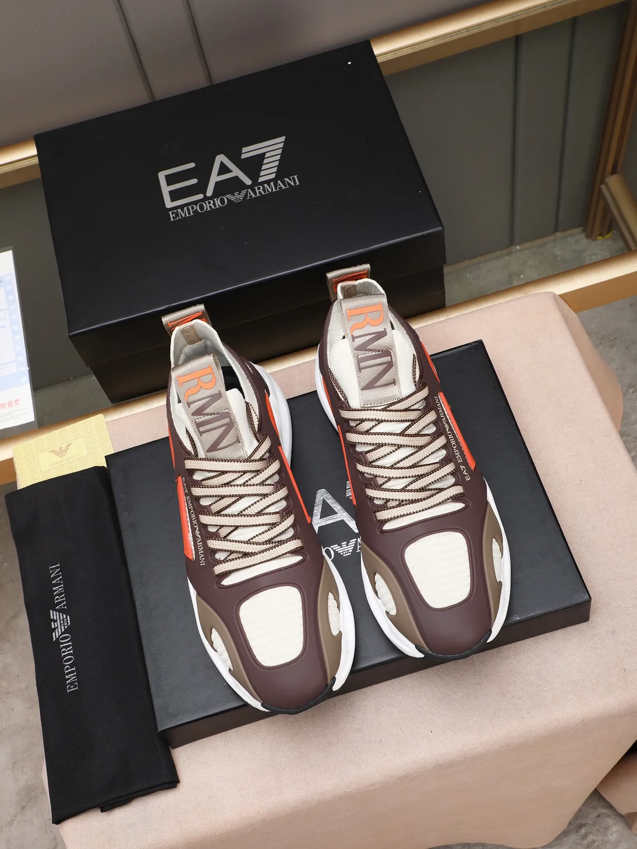 Emporio Armani EA7 Beige Brown Orange Sculpted Midsole Lifestyle Sneaker