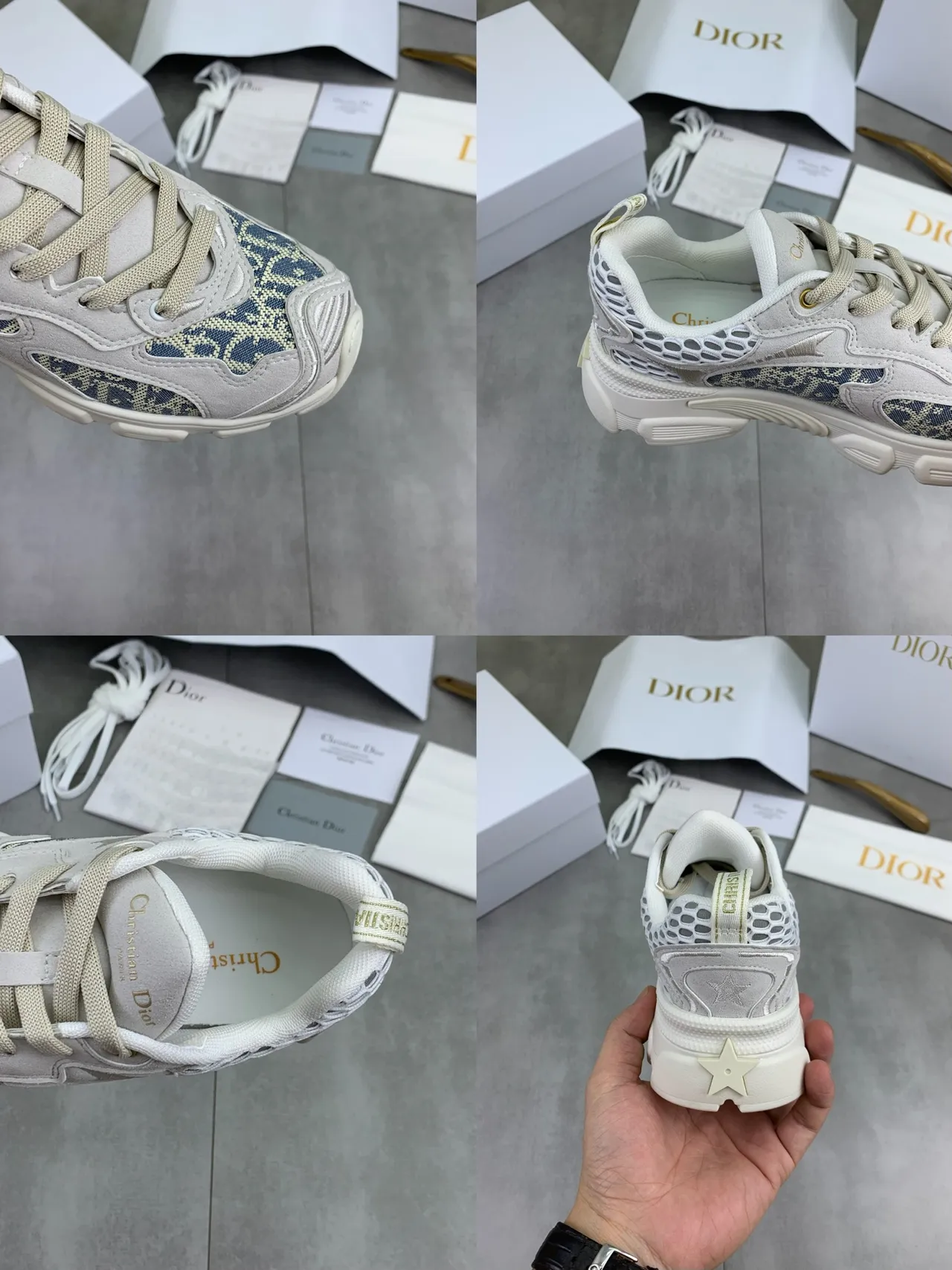 Dior Beige Blue Sole Oblique Monogram Jacquard Chunky Sneakers