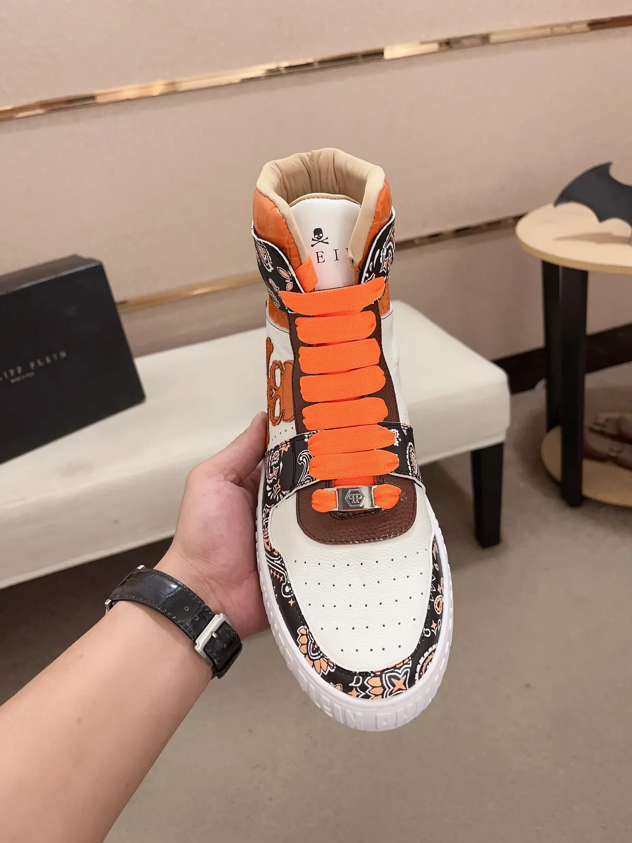 Philipp Plein White Orange High-Top Paisley-Print Lifestyle Sneakers