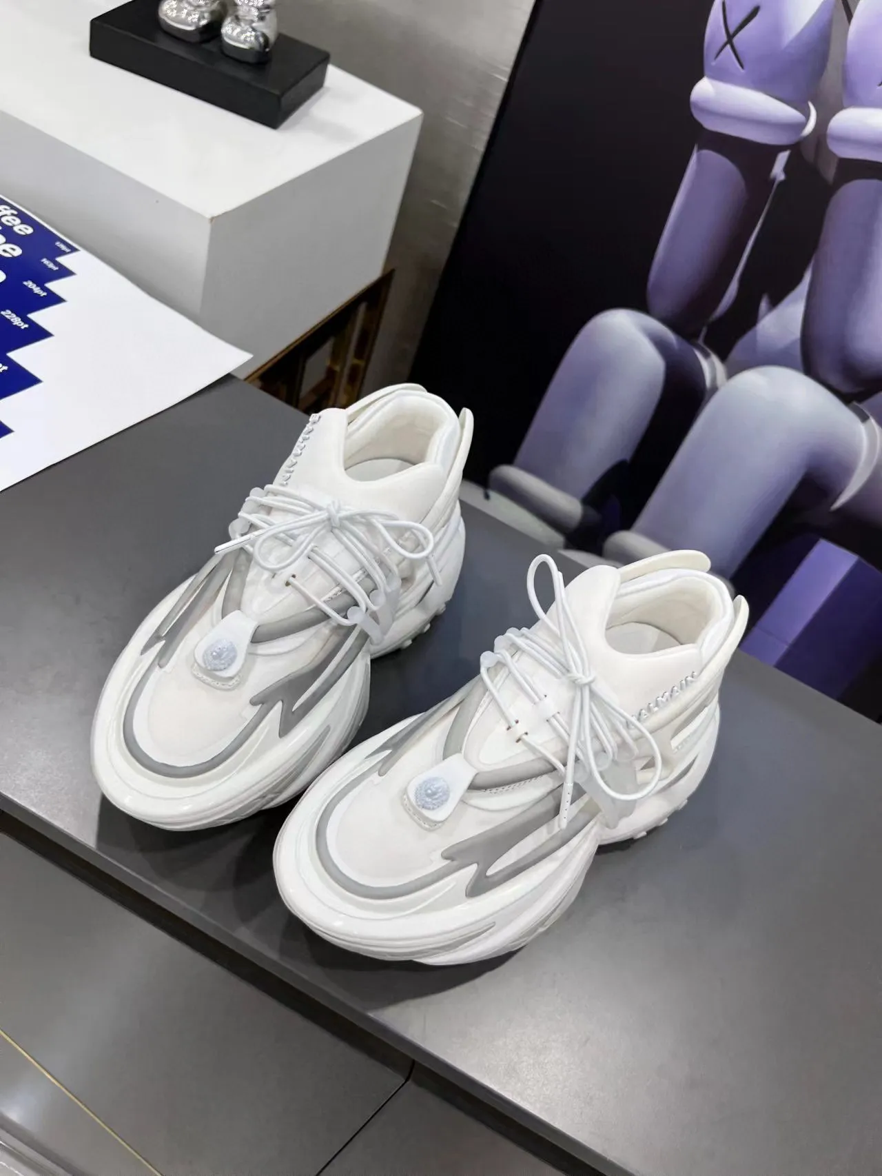 Balmain White Gray Sculpted Sole Asymmetrical Lacing Chunky Sneakers