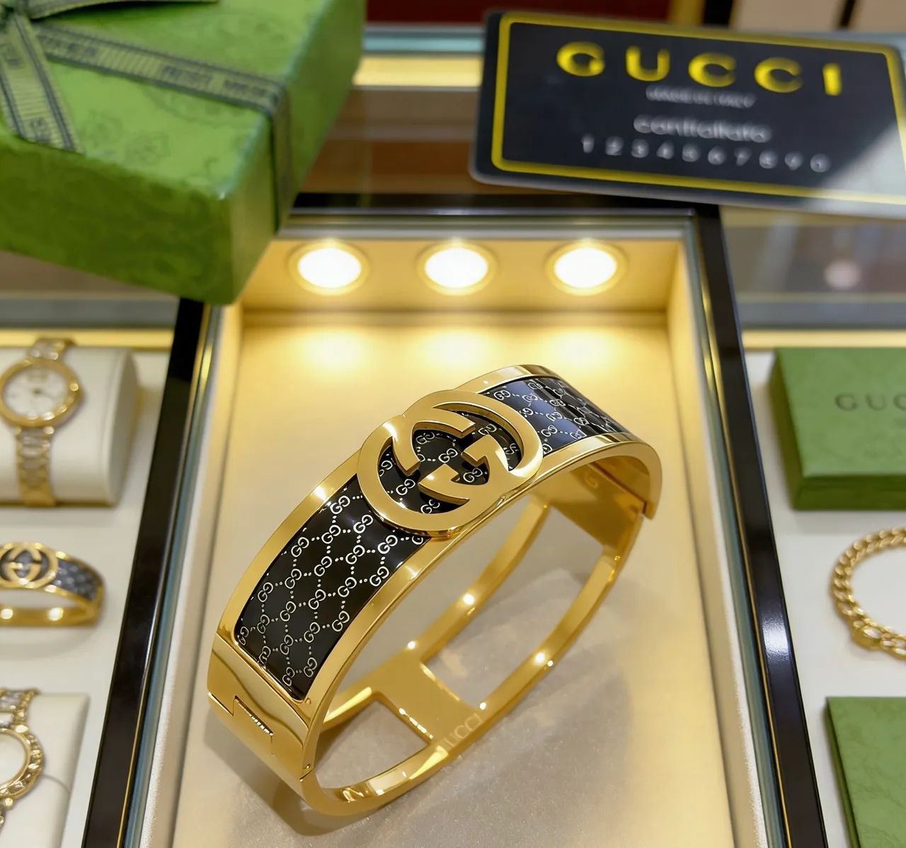 Gucci Interlocking G Monogram Black Enamel Gold-Tone Bracelet