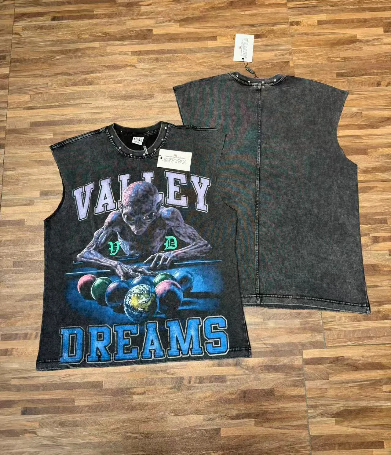 Acid-Wash Denim Graphic Vest Top