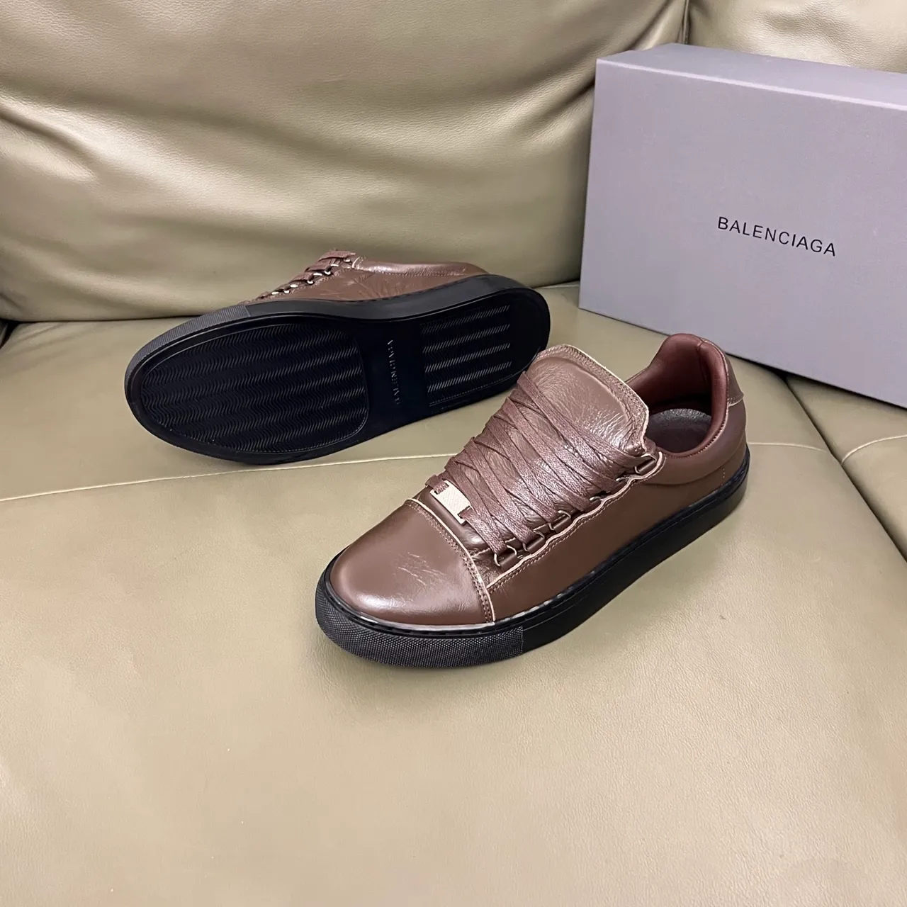 Balenciaga Speed Trainer Brown Leather Strap Laceless Lifestyle Sneaker