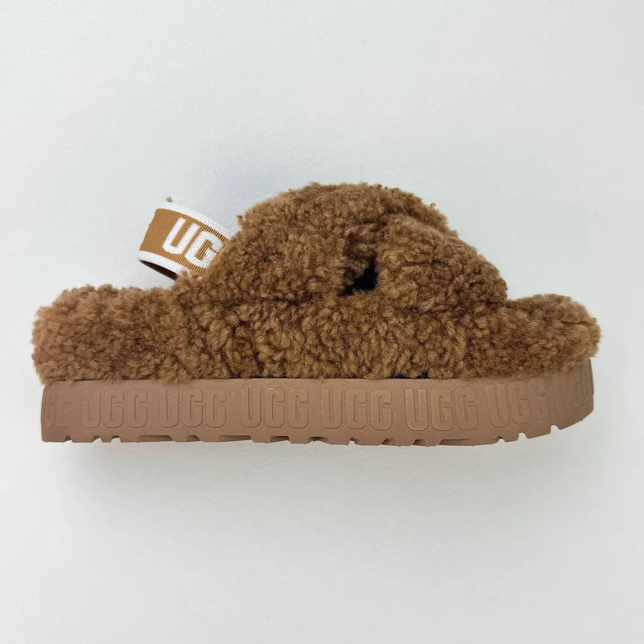 UGG Tasman Brown Fuzzy Cross-Strap Platform Slippers