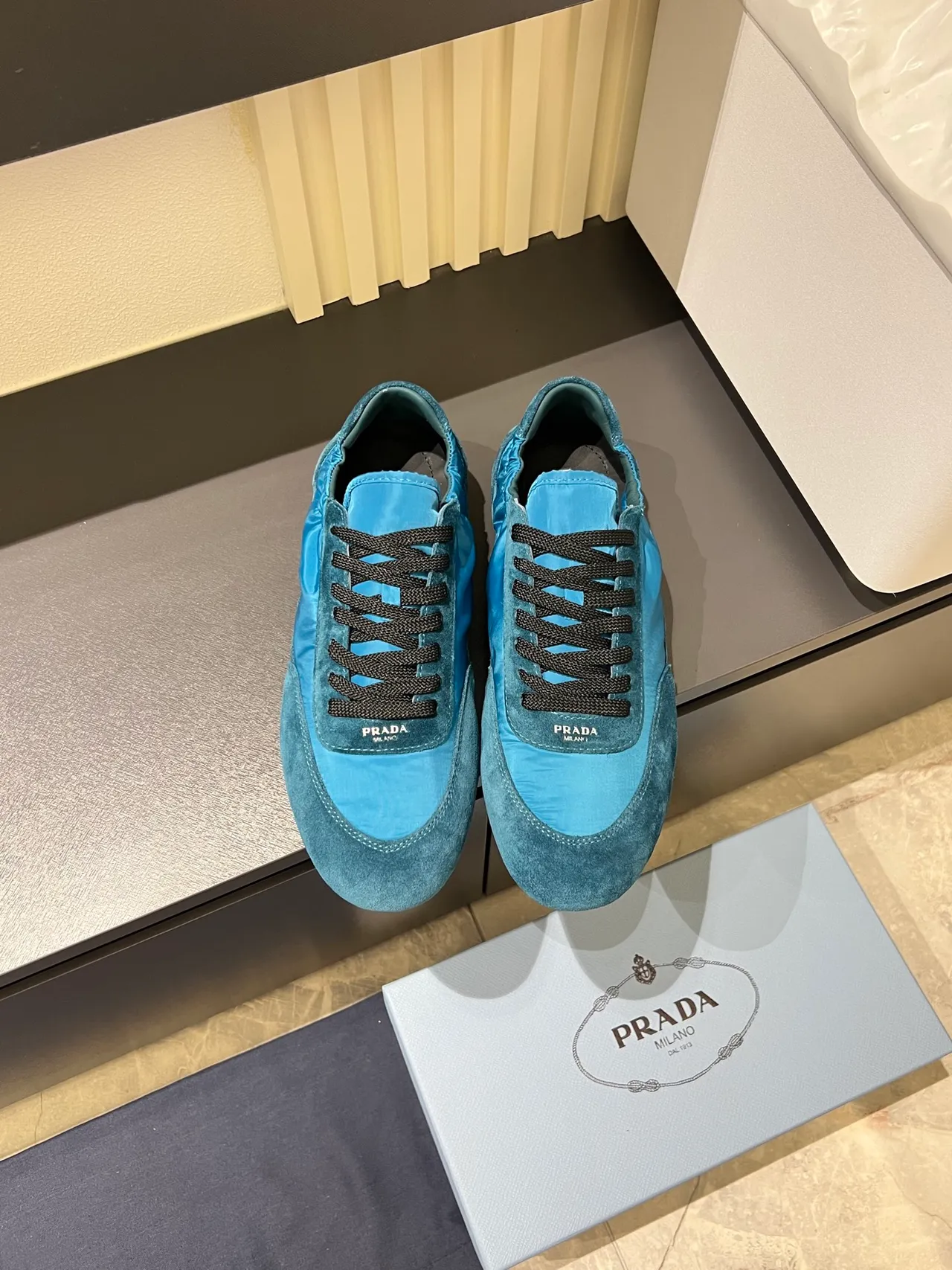 Prada Blue Black Mixed-Material Upper Suede And Nylon Paneling Lifestyle Sneakers