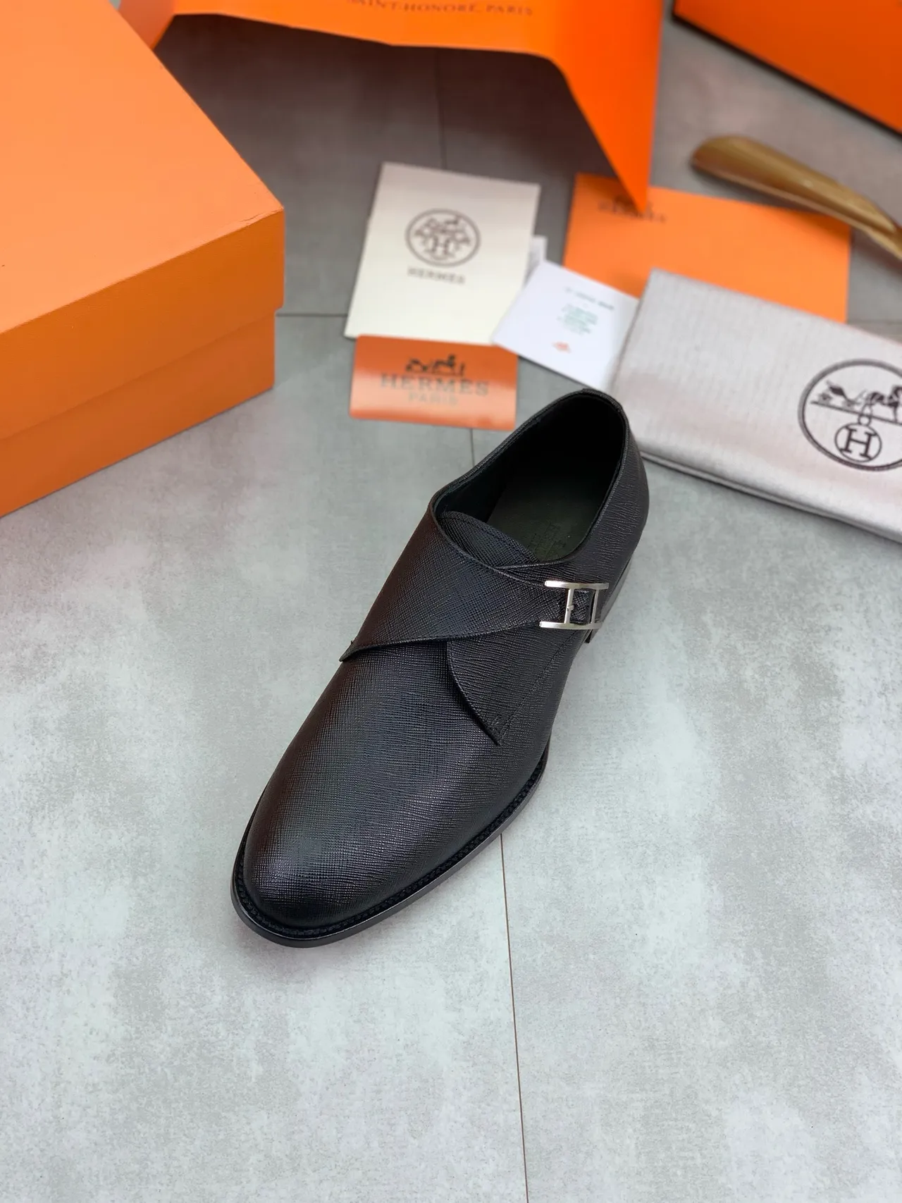Hermès Black Textured Leather H-Buckle Monk Shoes
