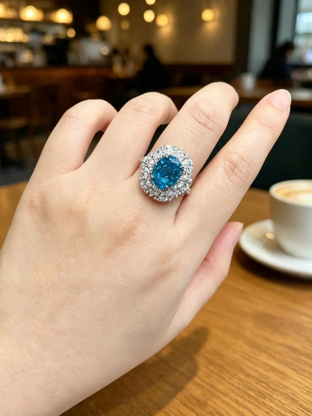 Blue Silver Oval-Cut Central Stone Halo Cluster Setting Ring