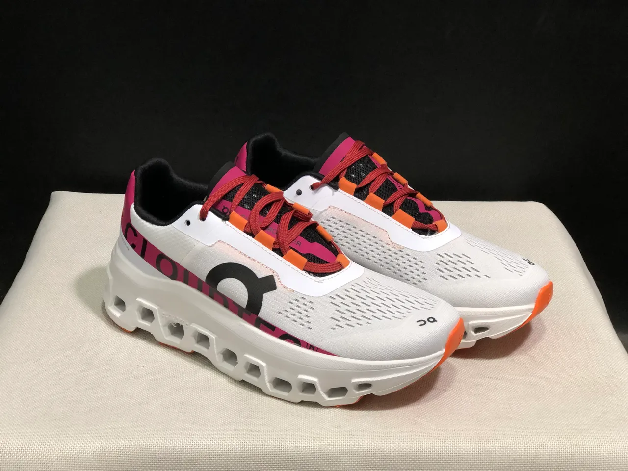 On Cloudmonster White Pink Orange Running Shoes