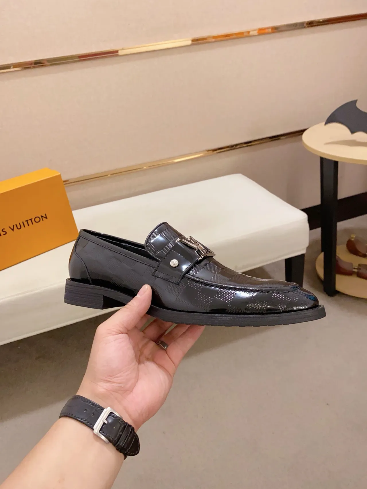 Louis Vuitton Black Patent Leather Damier Check Pattern Loafer