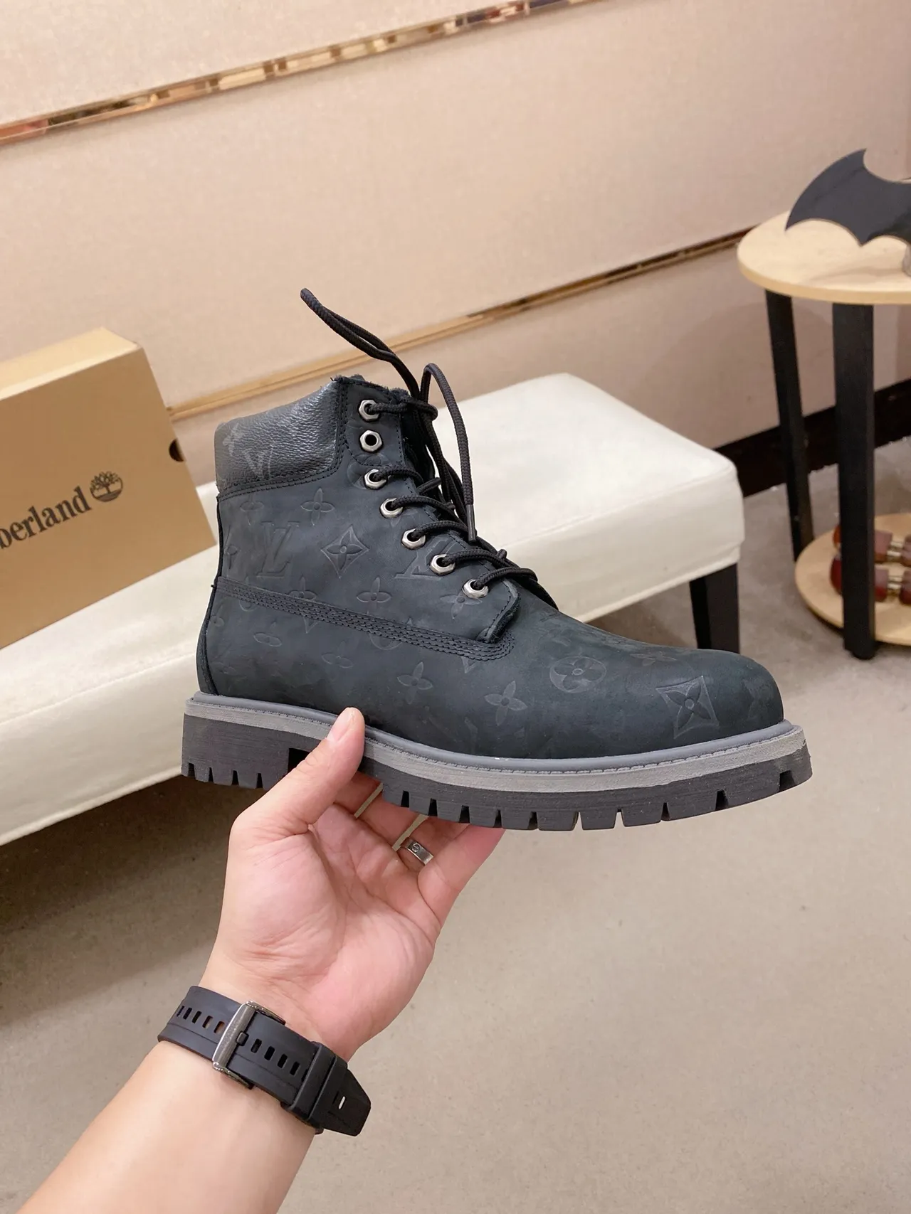 Louis Vuitton Trail Boot Black Gray Monogram-Embossed Leather Lace-Up Work Boots