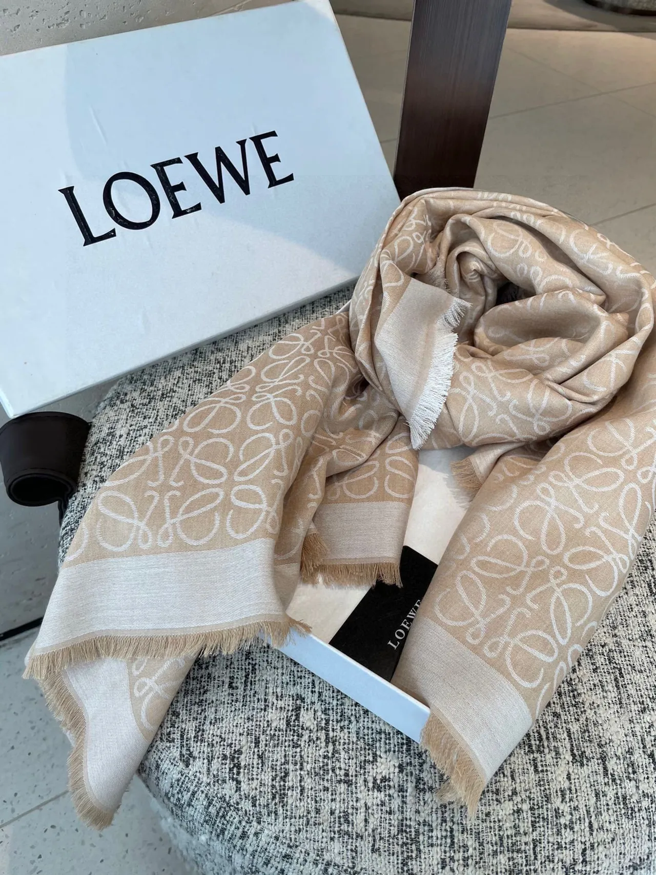 Loewe Monogram Beige and White Cashmere Scarf