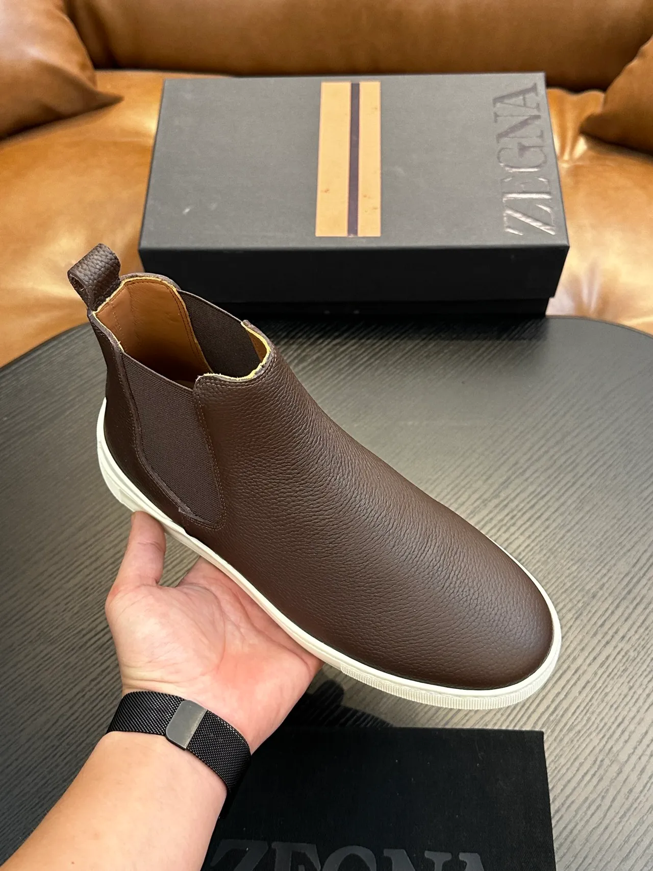 Zegna Brown Beige Pebbled Leather Elastic Side Gussets Chelsea Boots