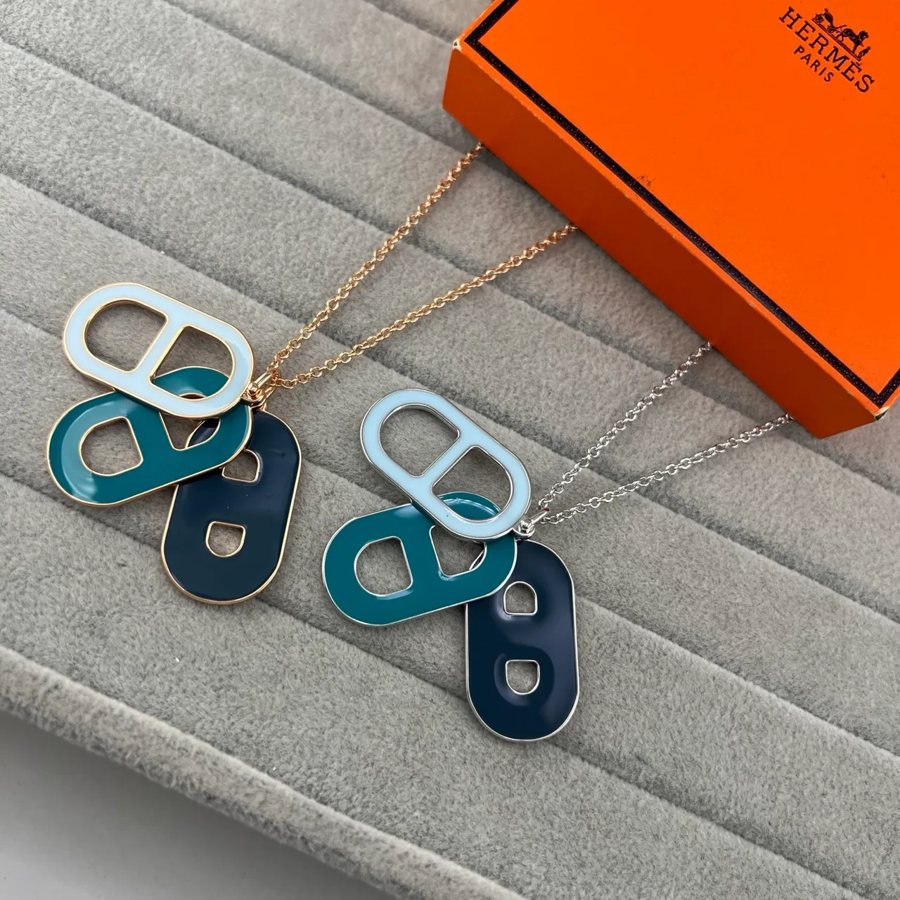 Hermès Chaine d'Ancre Blue Navy Enamel Layered Pendant Double-Loop Anchor Motif Necklace
