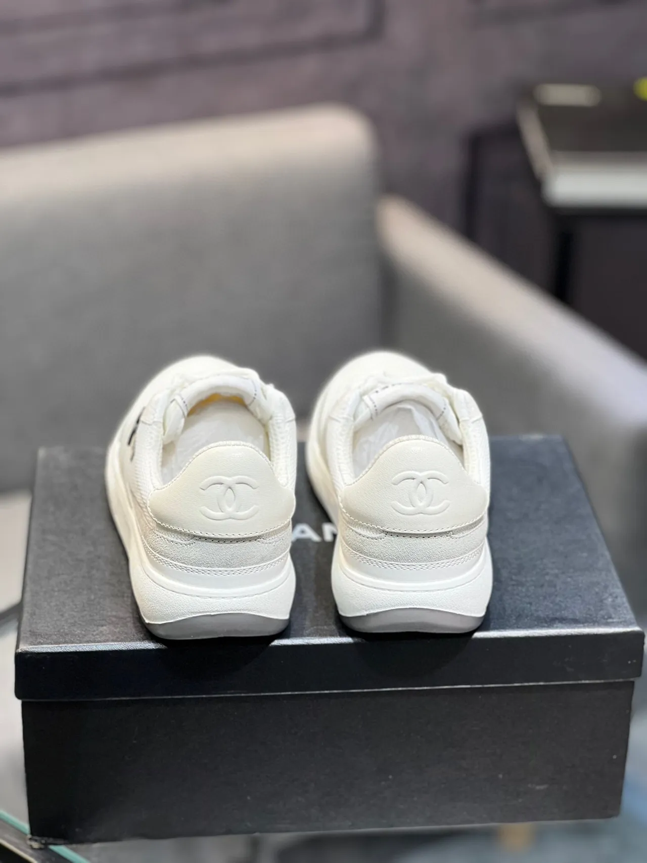 Chanel White Gray Low-Top Mixed-Material Lifestyle Sneakers