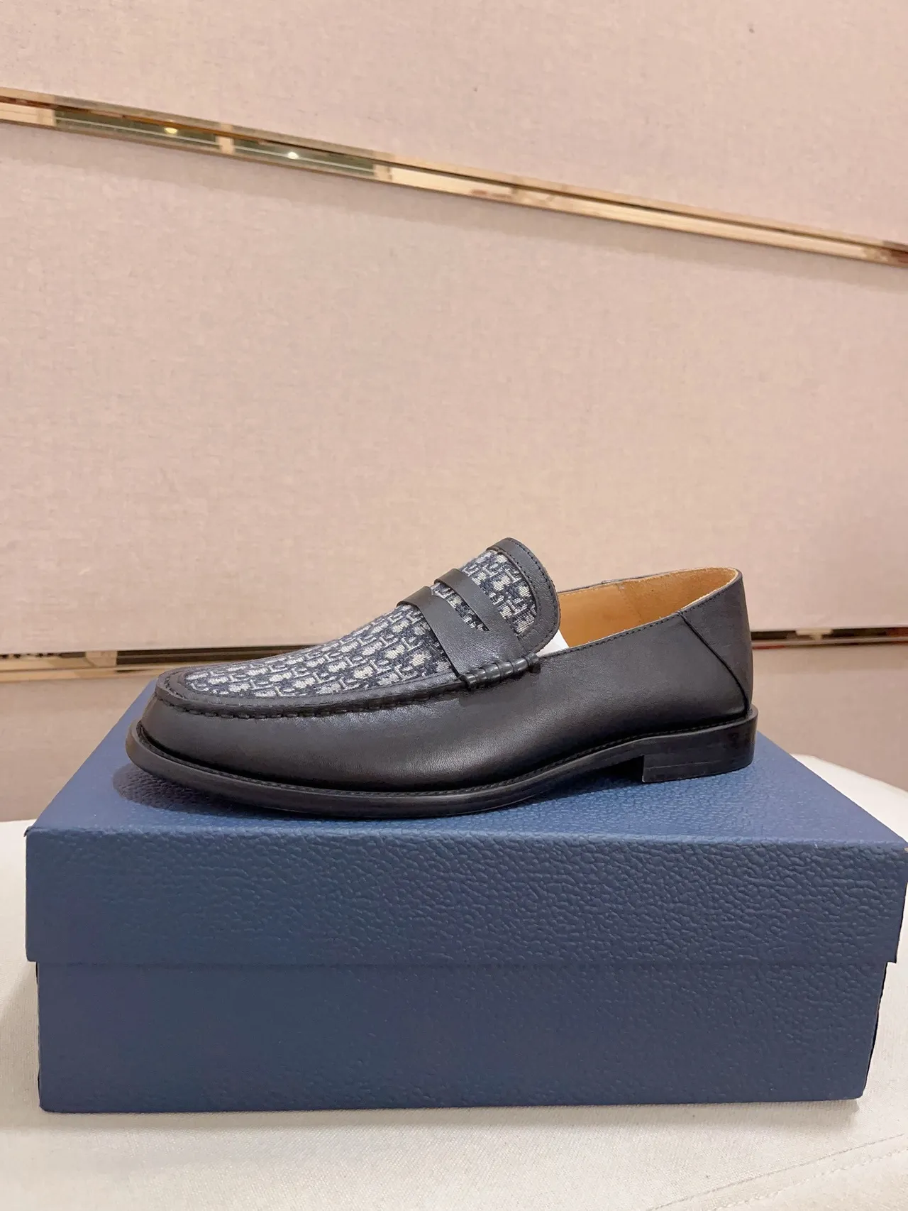 Black Gray Leather Monogrammed Fabric Vamp Loafer