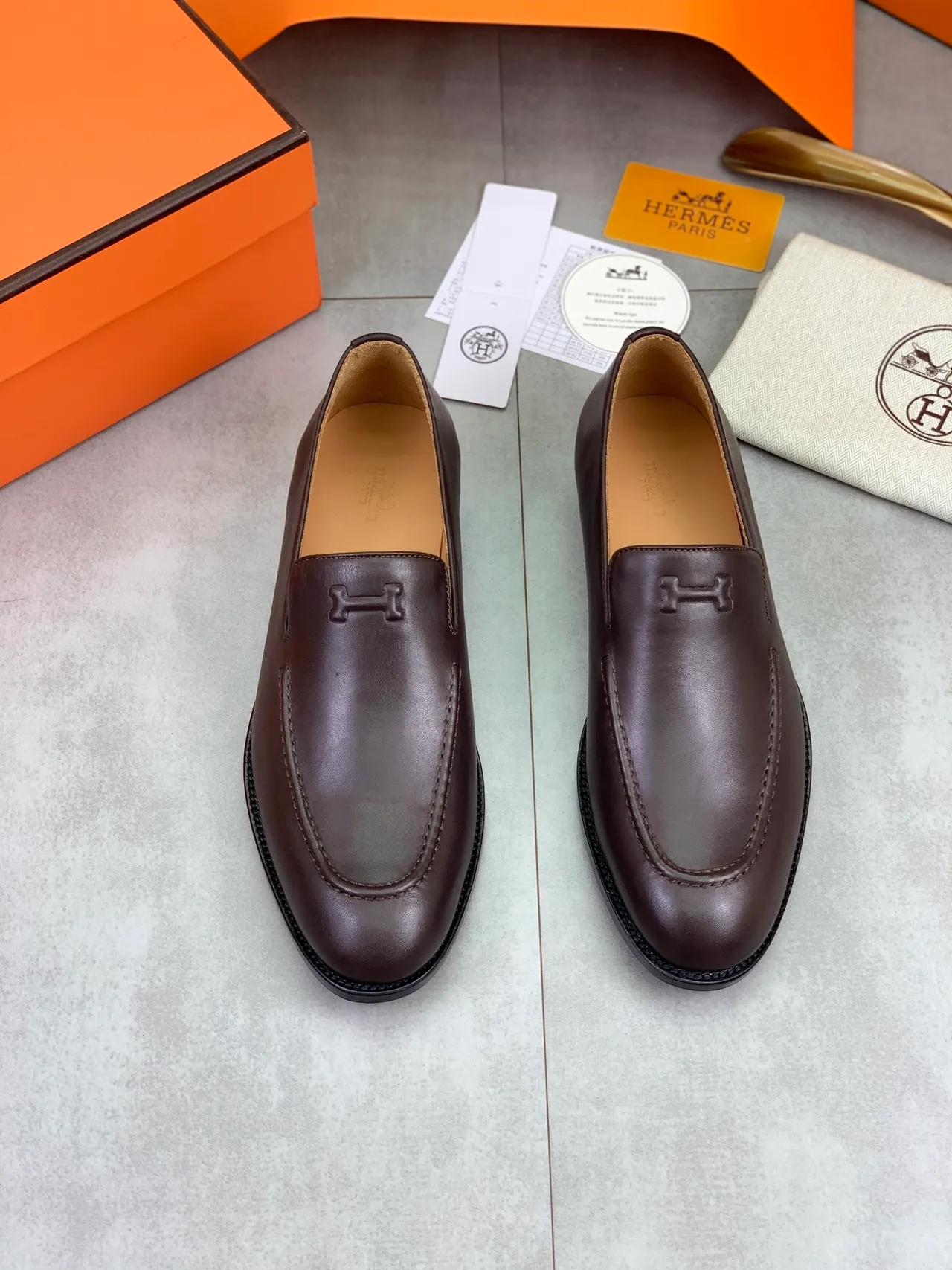 Hermès Oran Brown Leather H-Logo Loafers