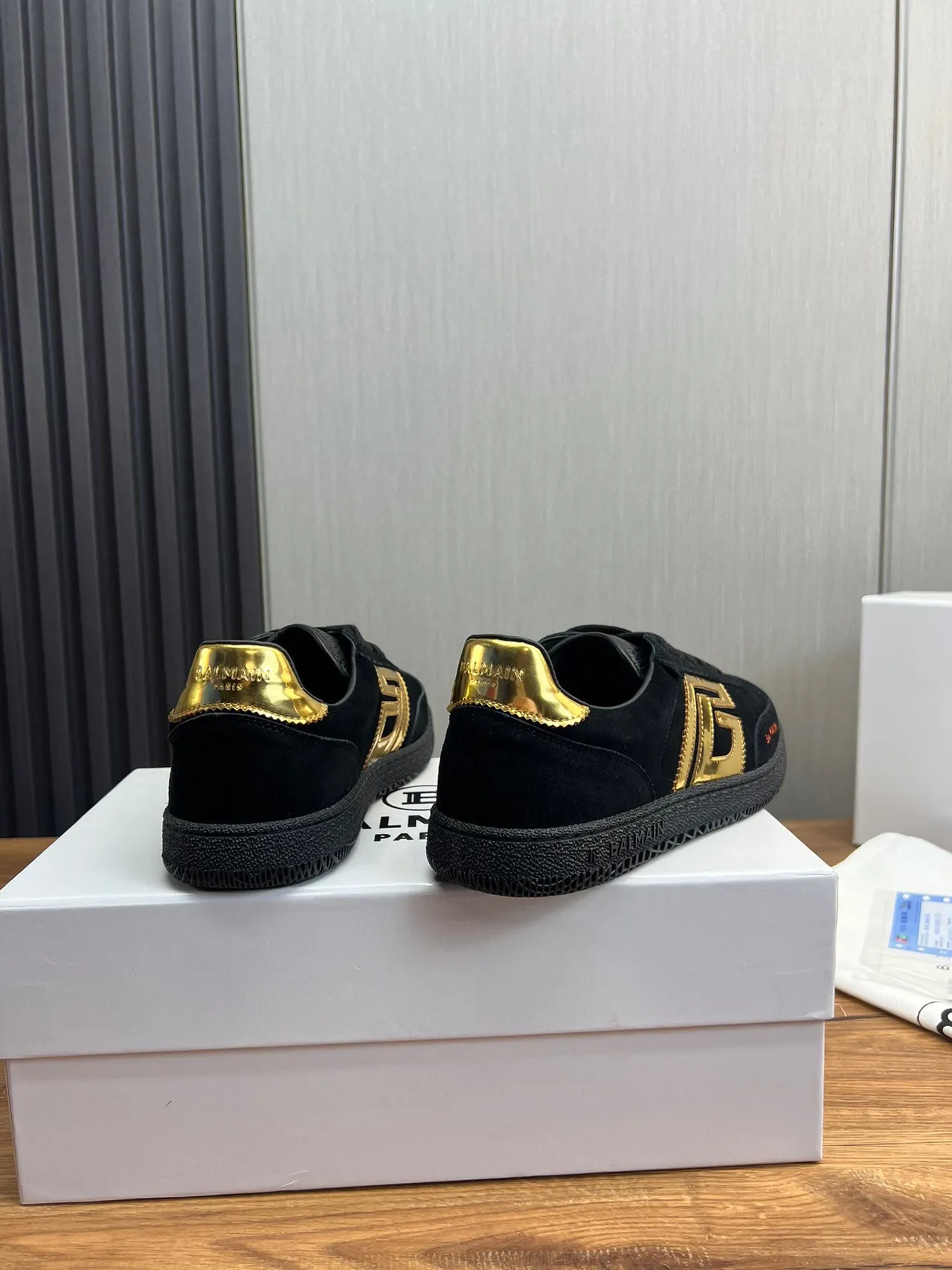 Balmain Black Gold Suede Upper Monogram Logo Lifestyle Sneakers