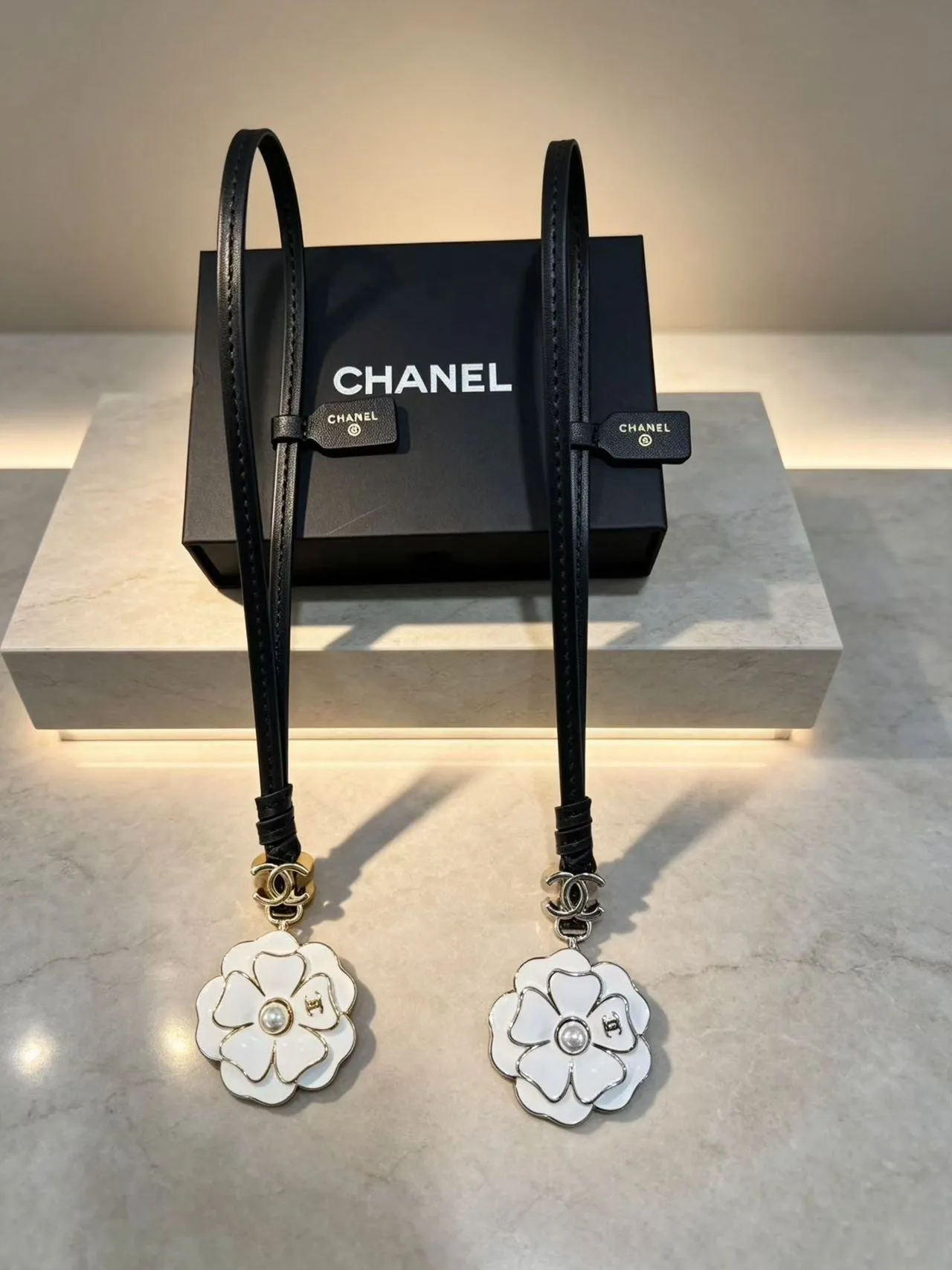 Chanel Camellia Charm Black Multicolor Enamel Pendant Pearl Center Handbag