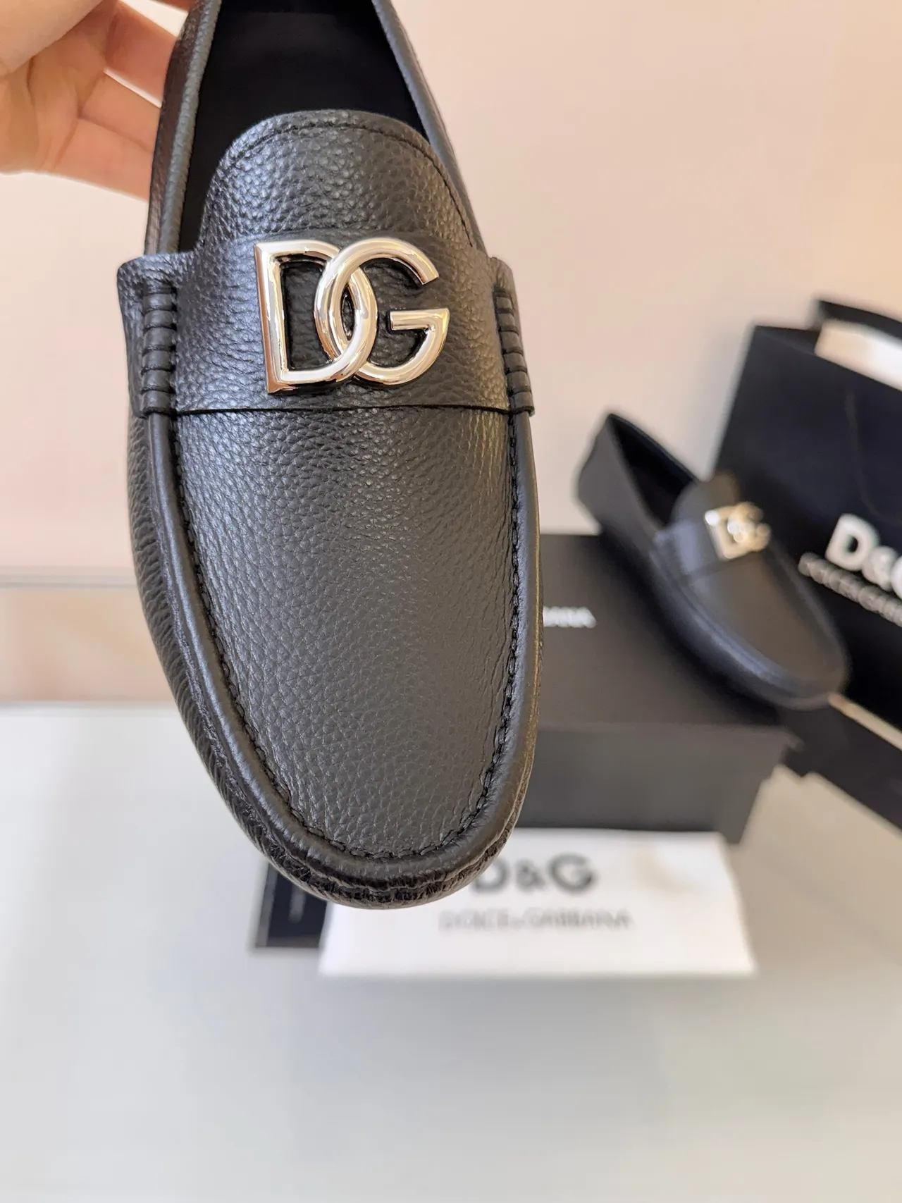 Dolce & Gabbana Portofino Black Pebbled Leather DG Buckle Loafers