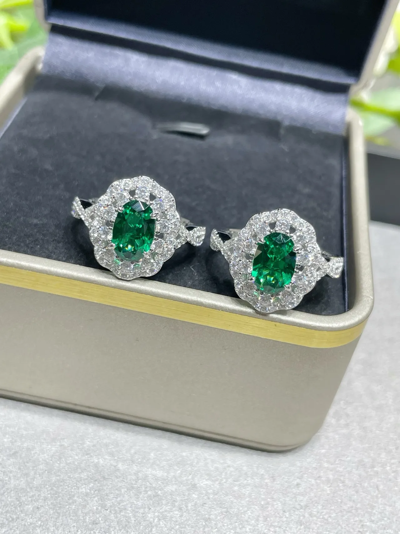 Green Silver Oval-Cut Center Stones Pavé Halo Surround Earrings