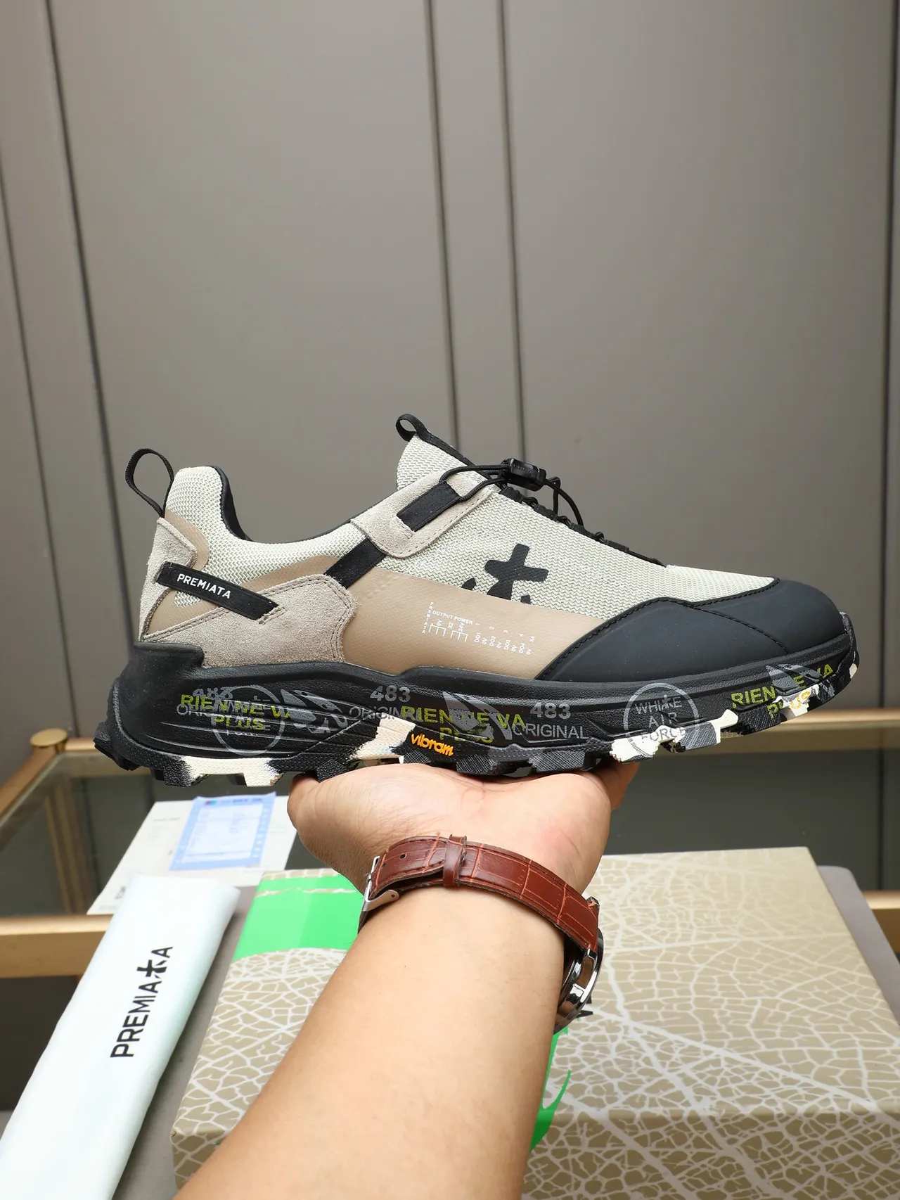 Premiata Beige and Black Mixed-Material Chunky Sole Lifestyle Sneakers