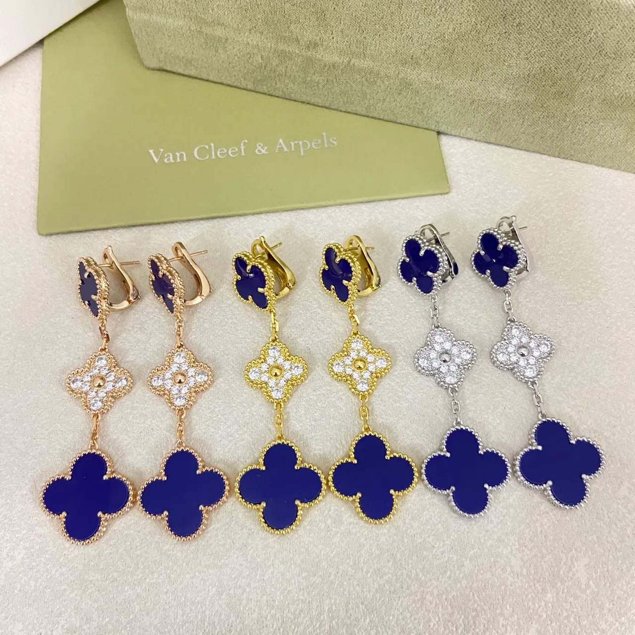 Van Cleef & Arpels Alhambra Multicolor Stone Inlay Dangling Earrings