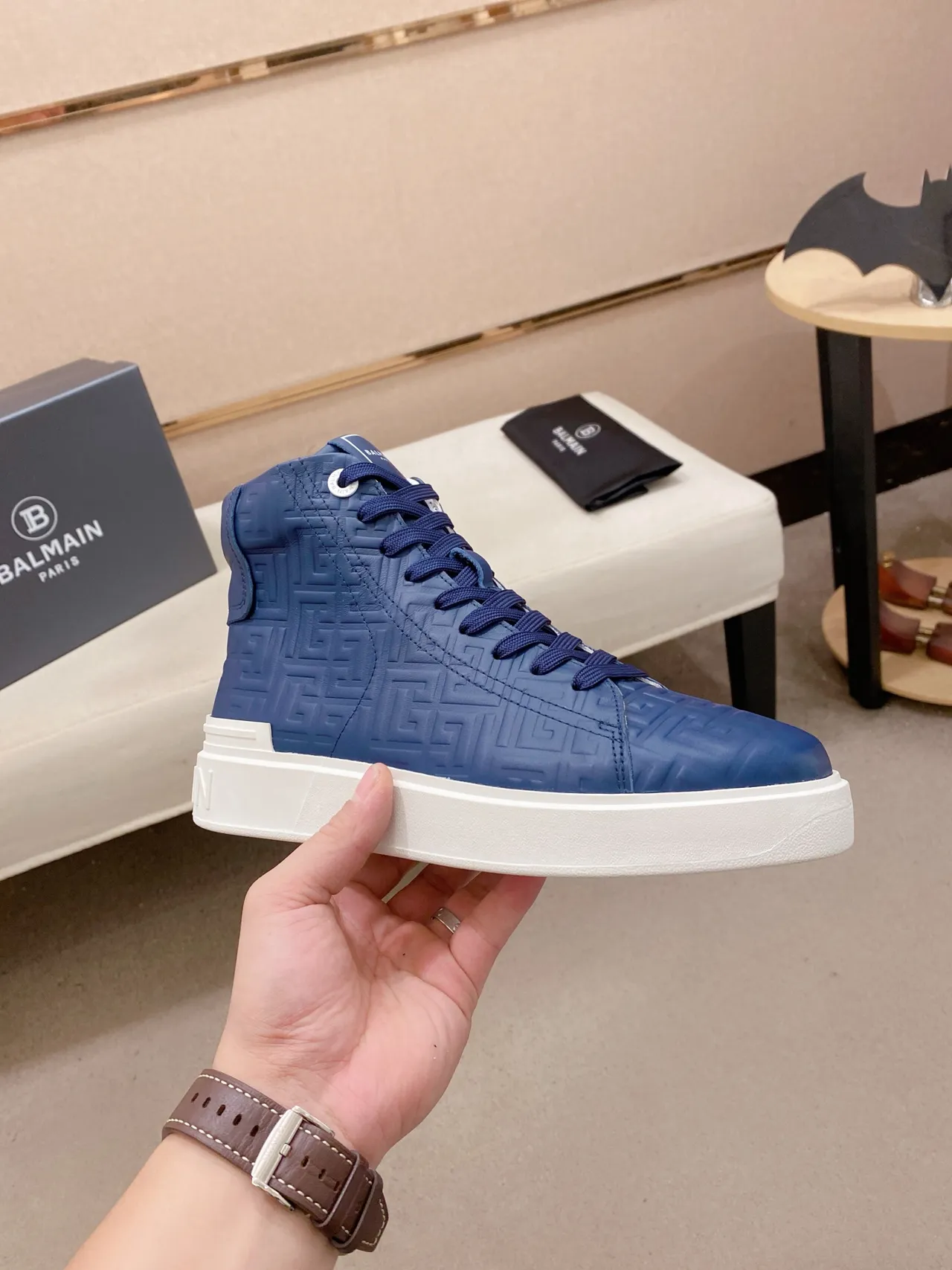 Balmain Navy White High-Top Embossed Monogram Lifestyle Sneakers