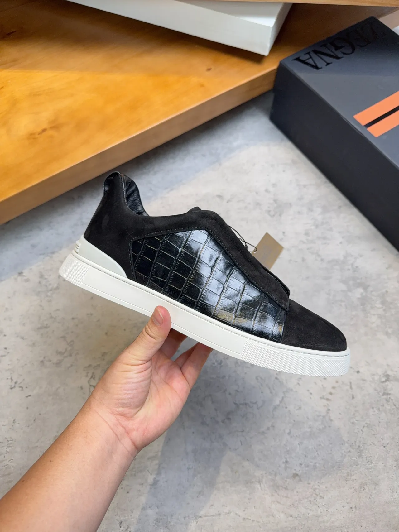 Zegna Black Suede and Croc-Embossed Leather Slip-On Lifestyle Sneakers
