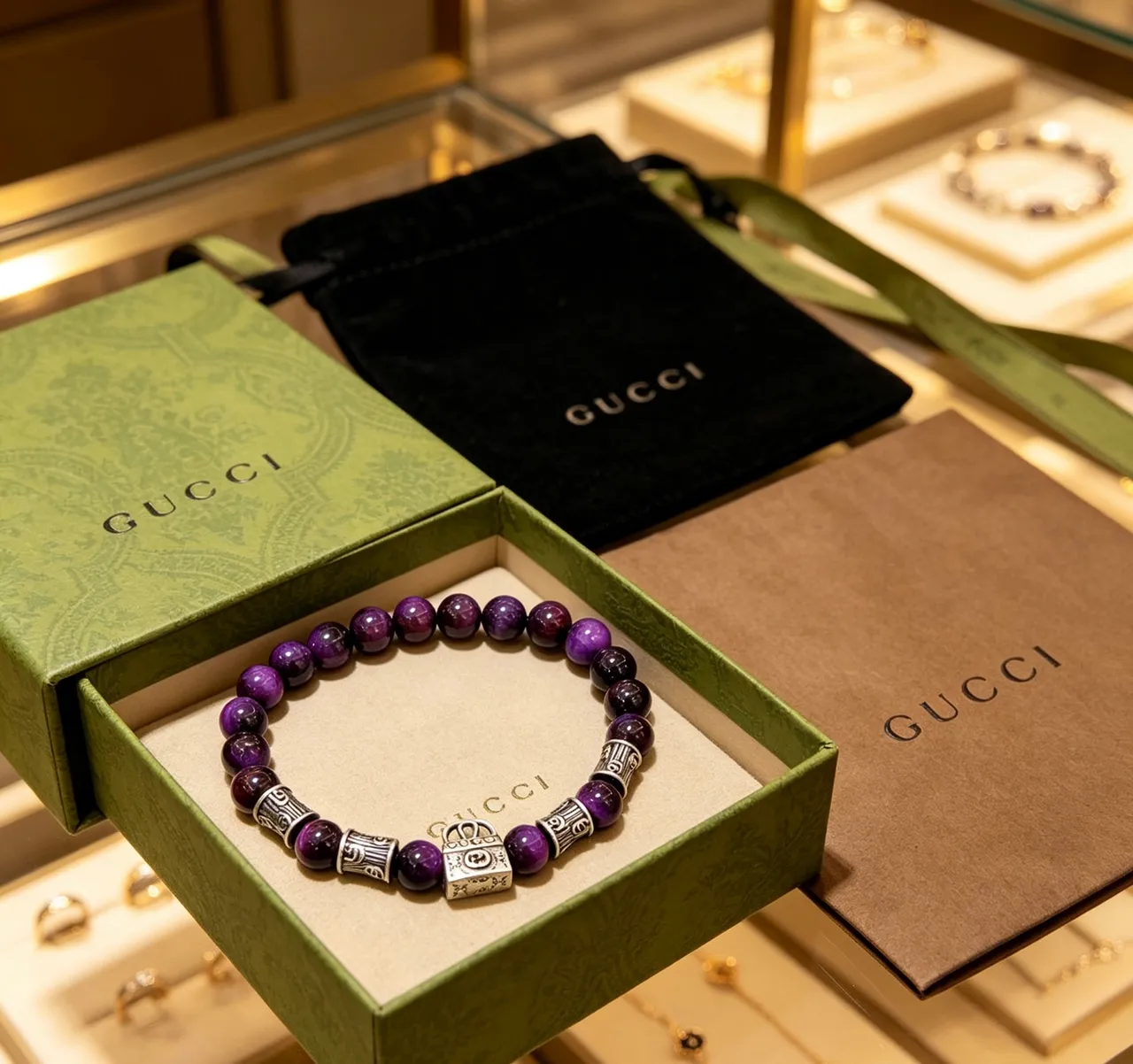 Gucci Purple Silver Beaded Lock Charm Bracelet