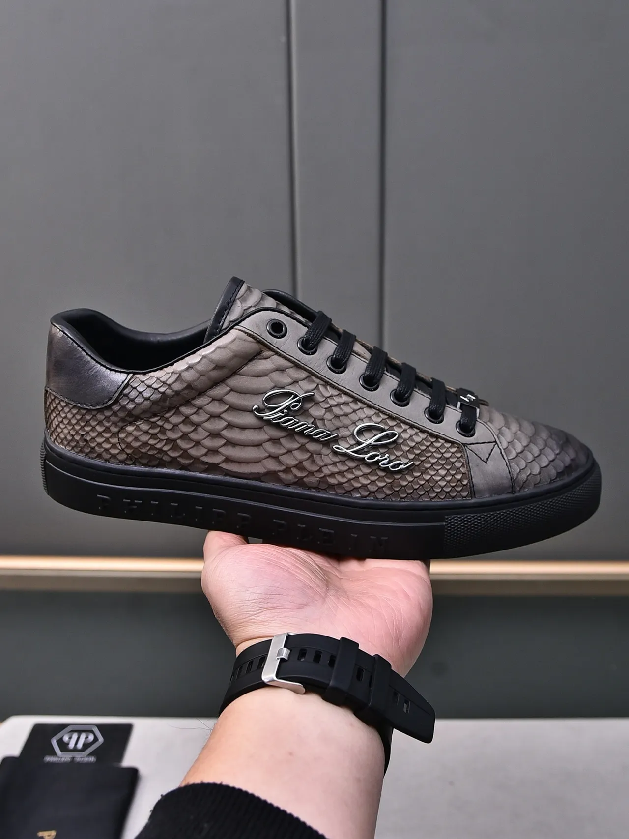Philipp Plein Snakeskin-Textured Gray and Black Lifestyle Sneakers