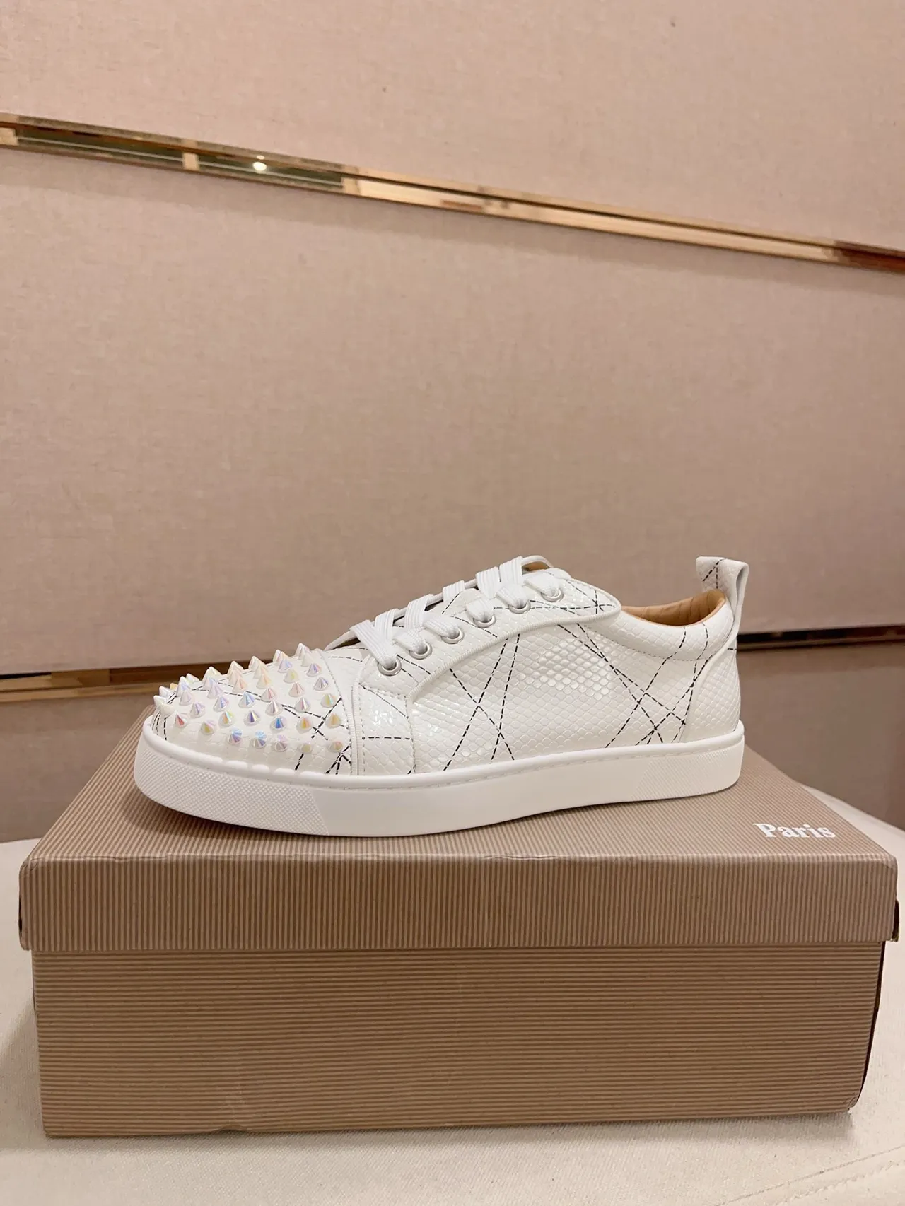 Christian Louboutin White Spiked Toe Quilted-Stitched Upper Lifestyle Sneakers