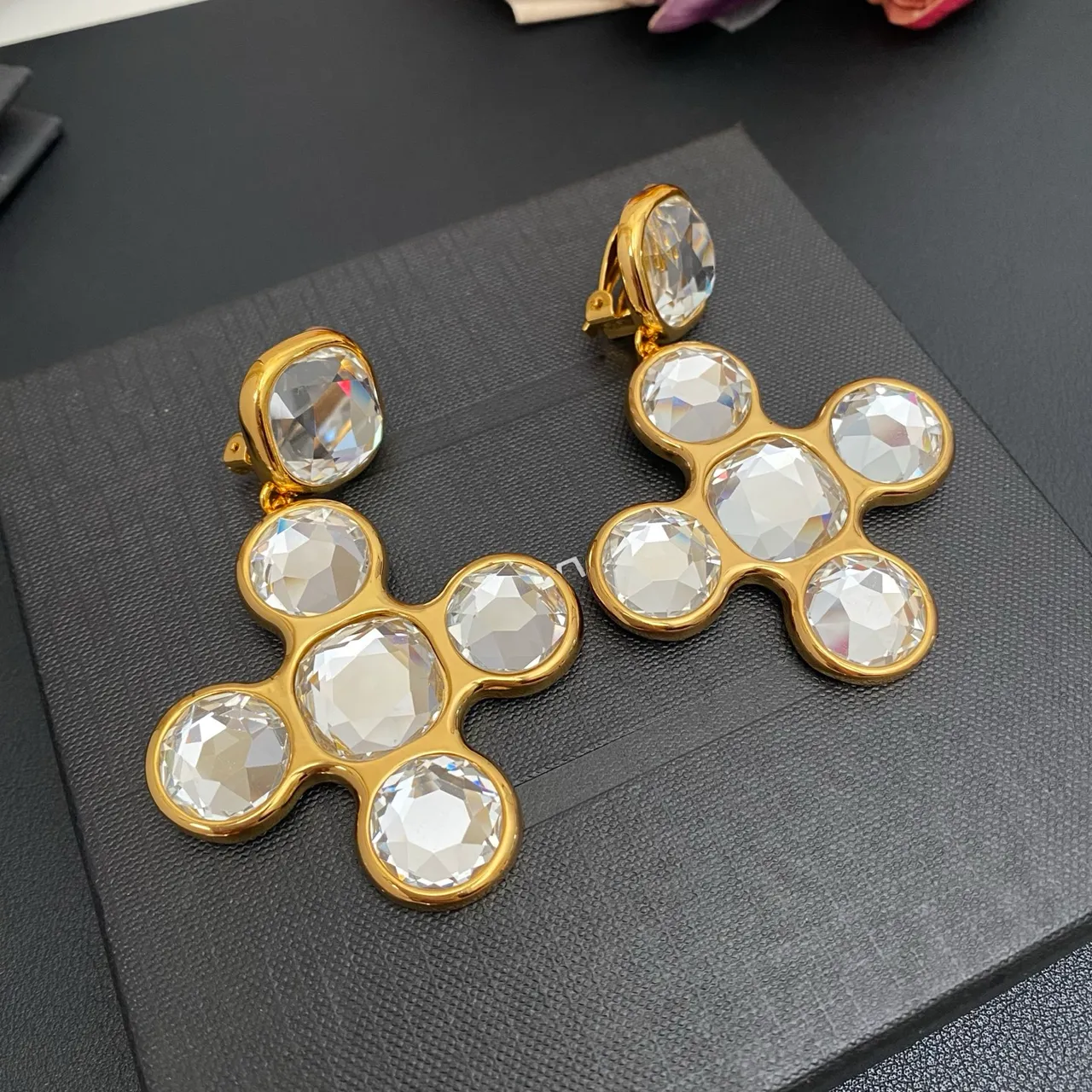 Saint Laurent Crystal Cross Cluster Gold-Tone Earrings