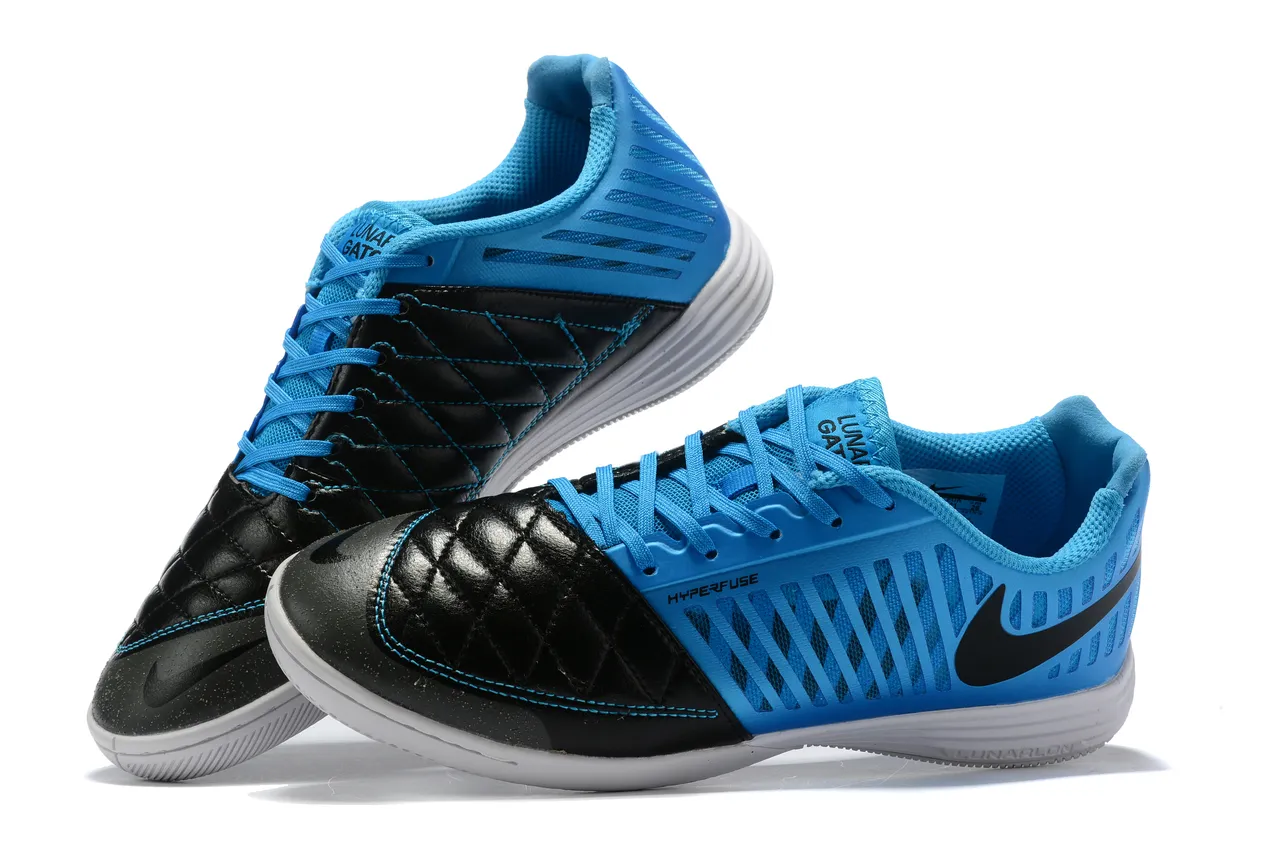 Nike Blue Black Quilted Toe Cap Perforated Synthetic Overlay Indoor Soccer Shoes