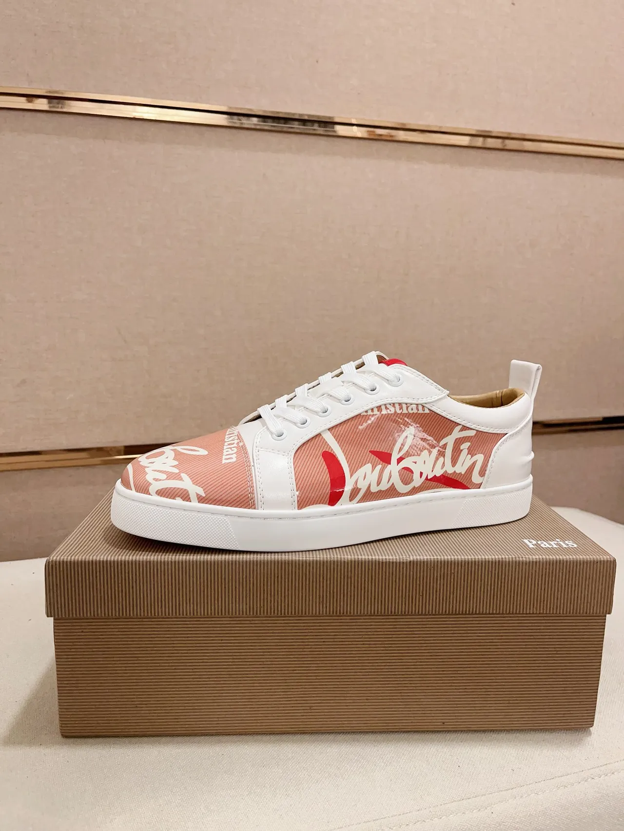 Christian Louboutin Pink White Low-Top Mixed-Material Upper Lifestyle Sneakers