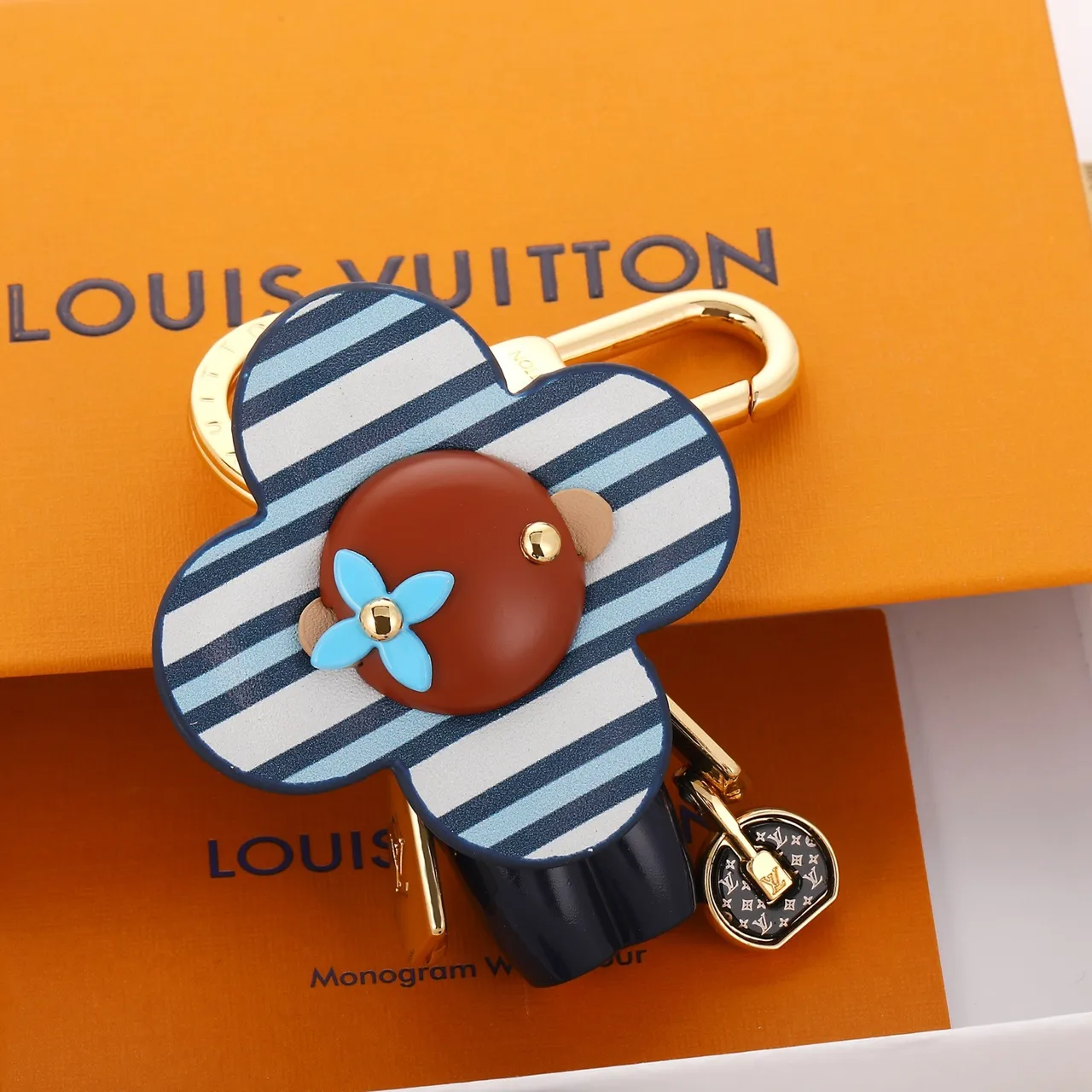 Louis Vuitton Flower Charm Blue Brown Striped Leather Gold-Tone Hardware Handbag