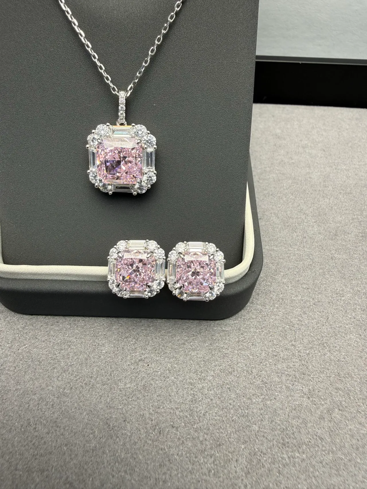 Pink Silver Cushion-Cut Central Stone Halo Of Round Brilliants Necklace