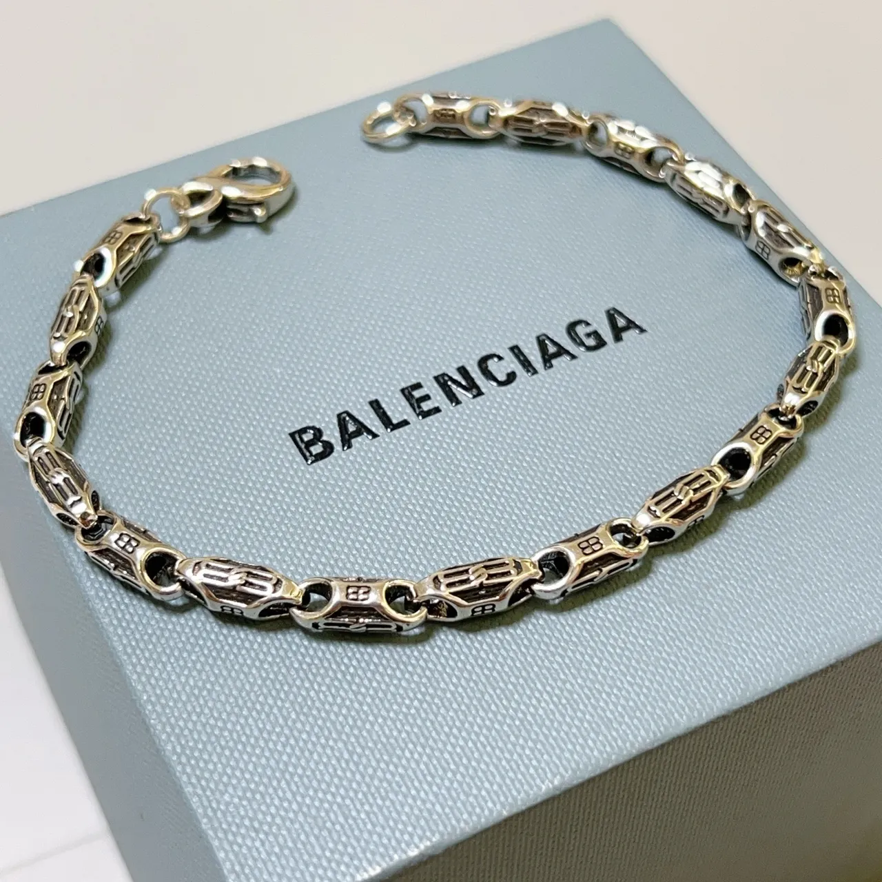 Balenciaga Monogrammed Chain-Link Two-Tone Silver Bracelet