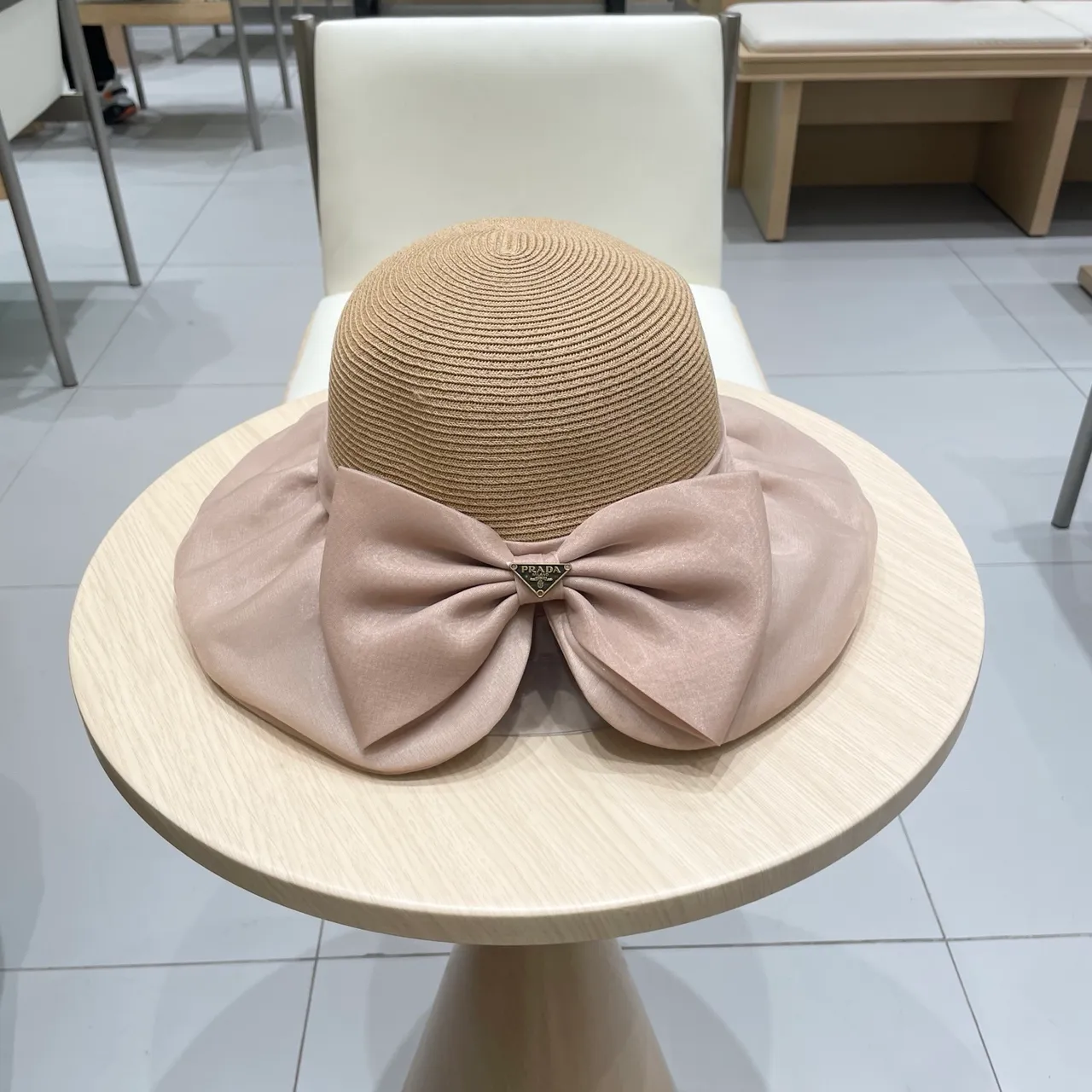 Prada Beige Pink Woven Straw Crown Wide Brim Fedora