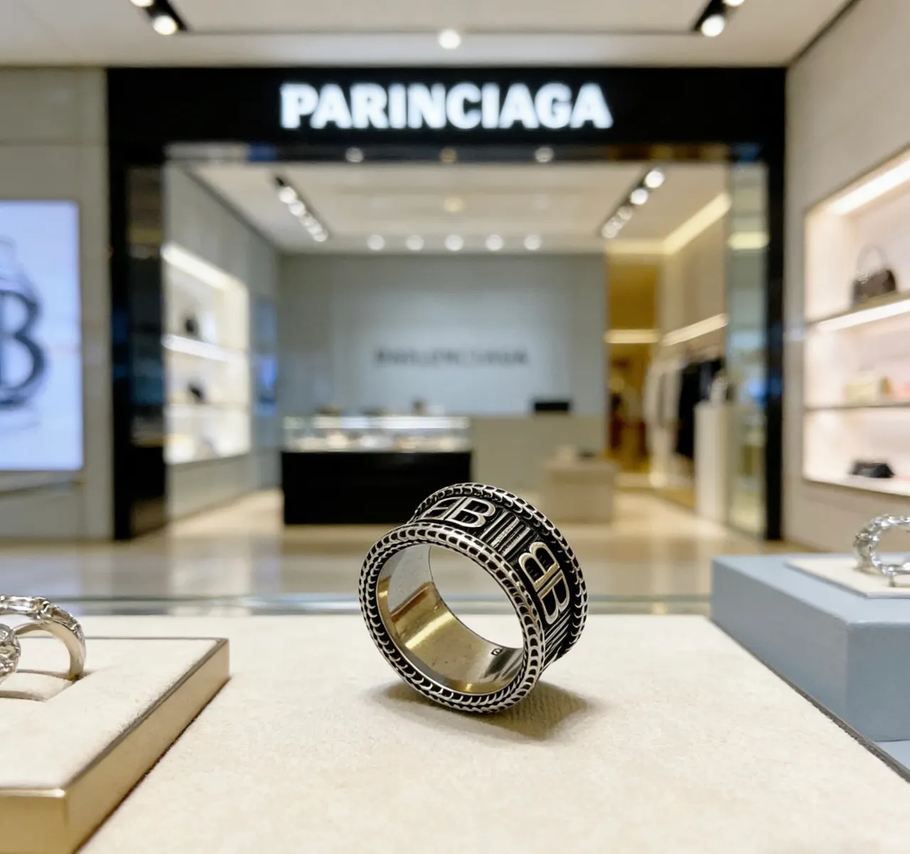 Balenciaga BB Ring Silver and Black Enamel Wide Band Ring