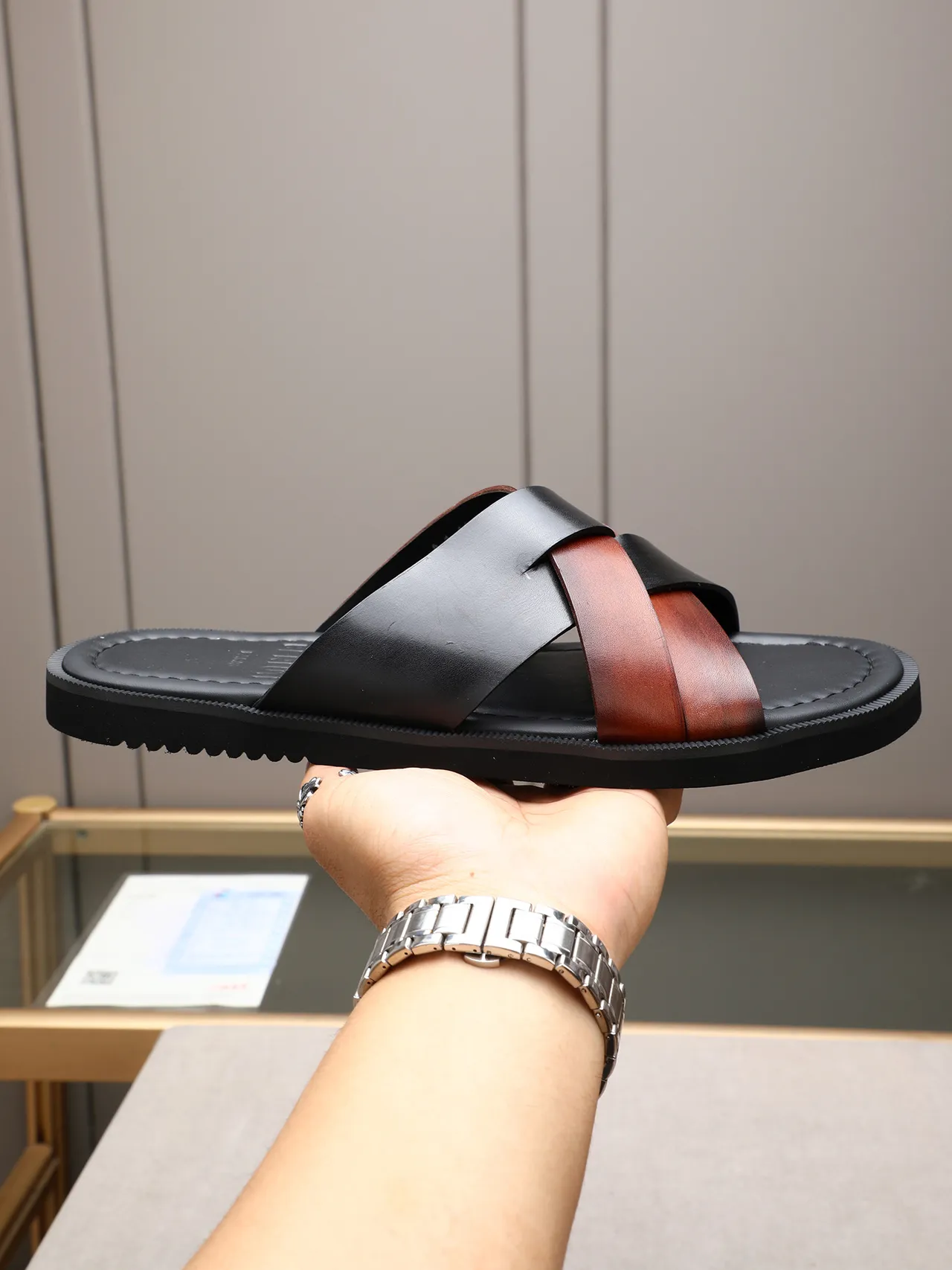 Black Brown Woven Strap Flat Sole Casual Sandals