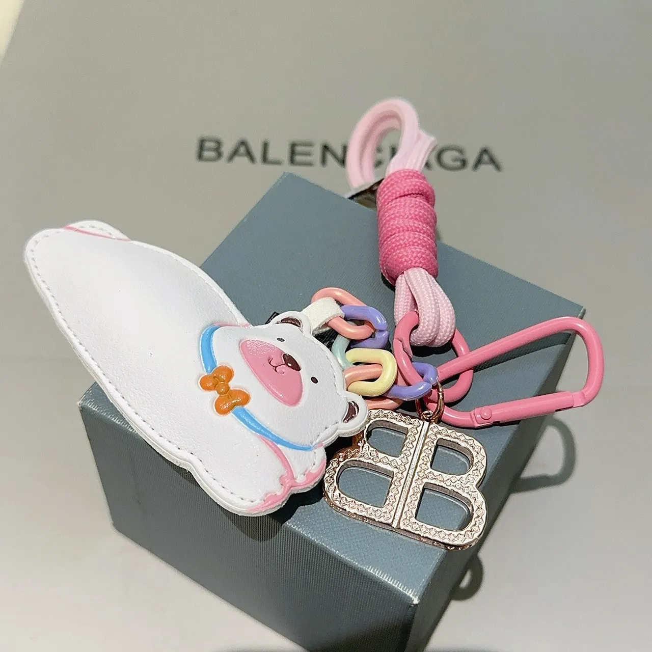 Balenciaga White Pink Leather Bear Charm Pastel Multicolor Chain Handbag
