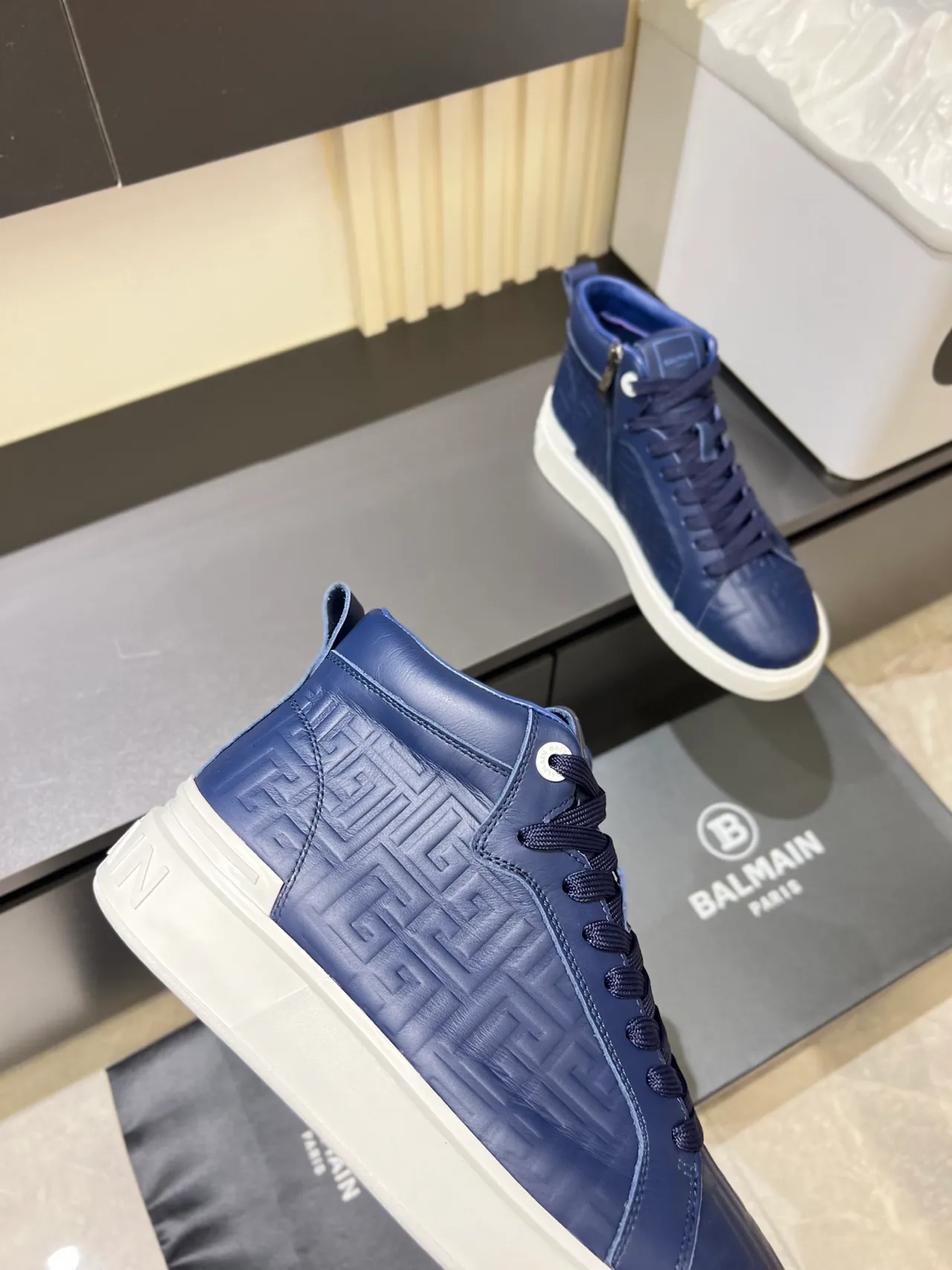 Balmain B-Court Navy White High-Top Embossed Leather Lifestyle Sneakers