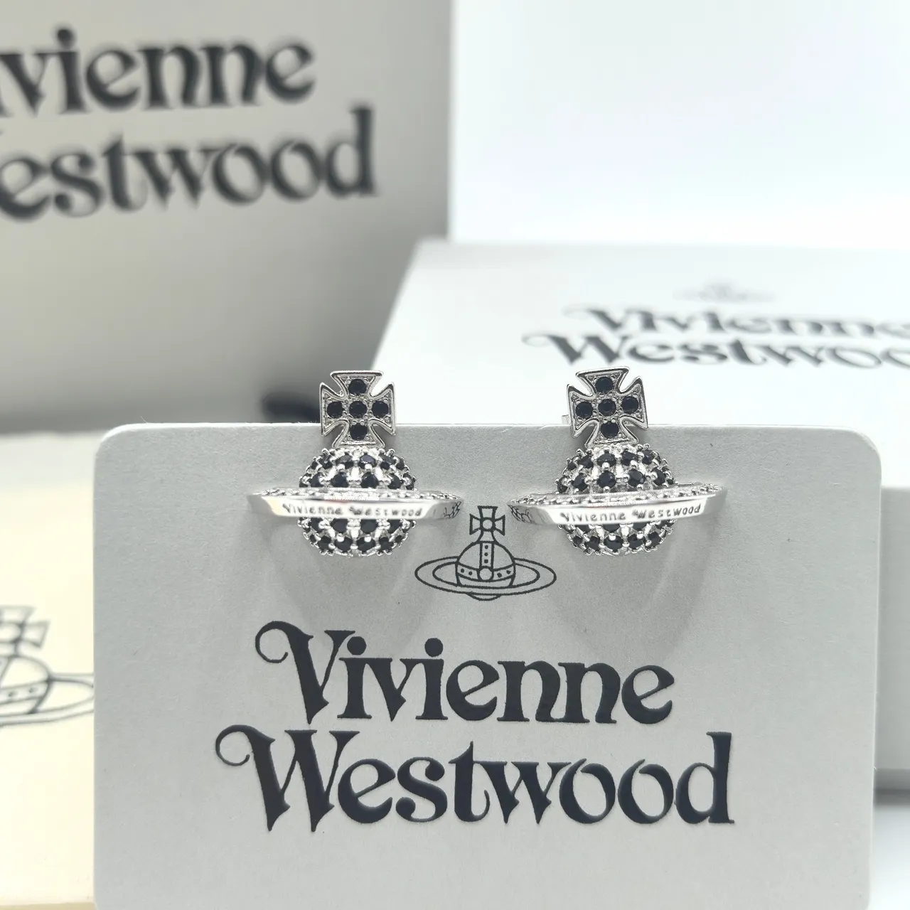 Vivienne Westwood Orb Cross Pavé Black Stud Earrings