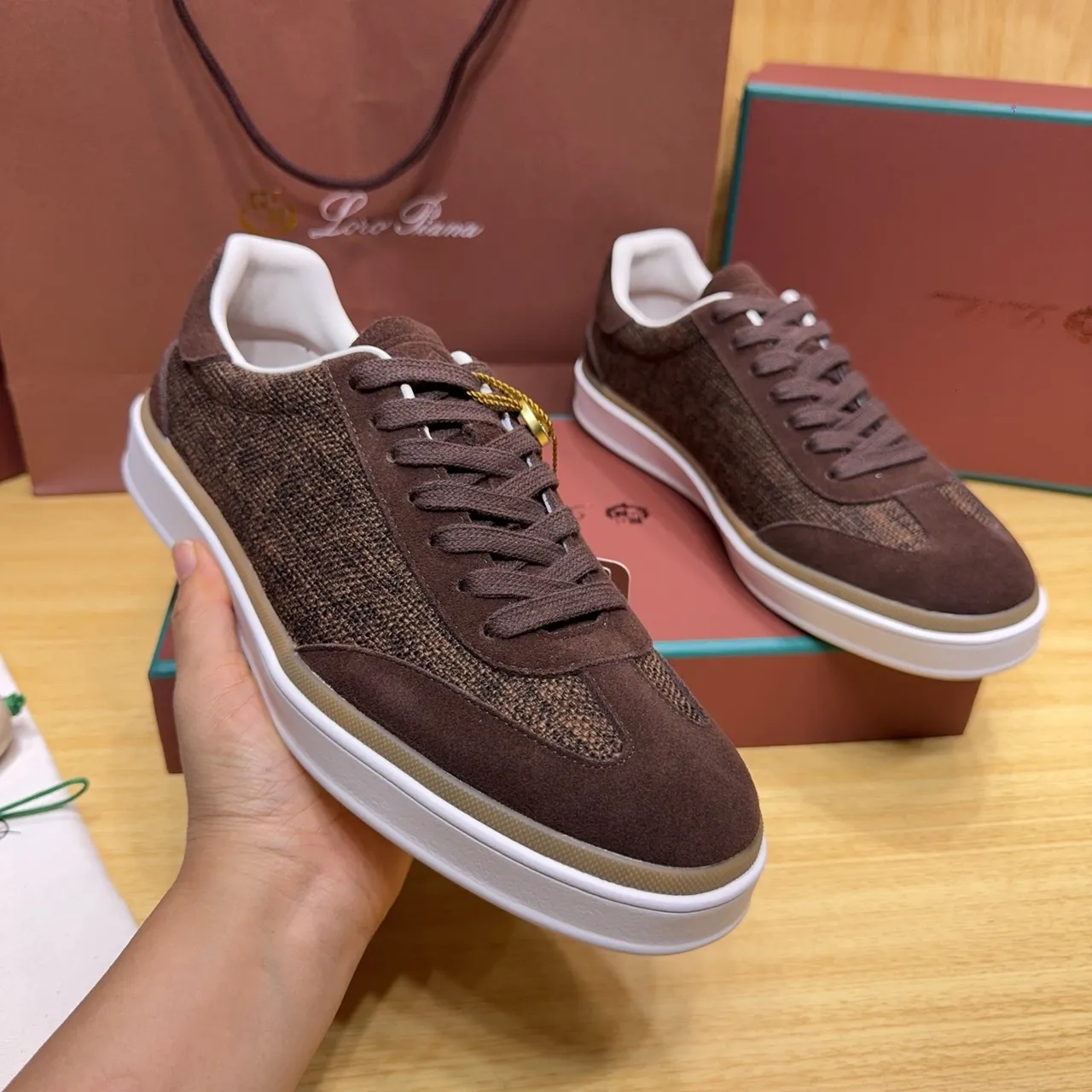 Loro Piana Brown Suede and Woven Textile Low-Top Lifestyle Sneakers