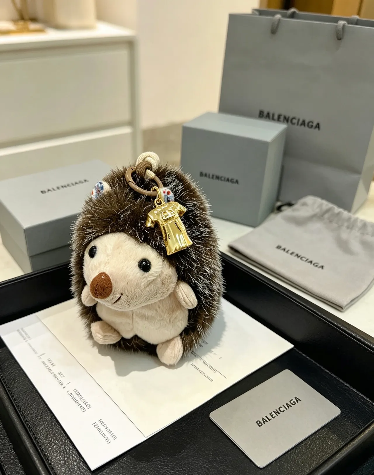 Balenciaga Brown Gold Plush Hedgehog Faux Fur Crossbody Bag
